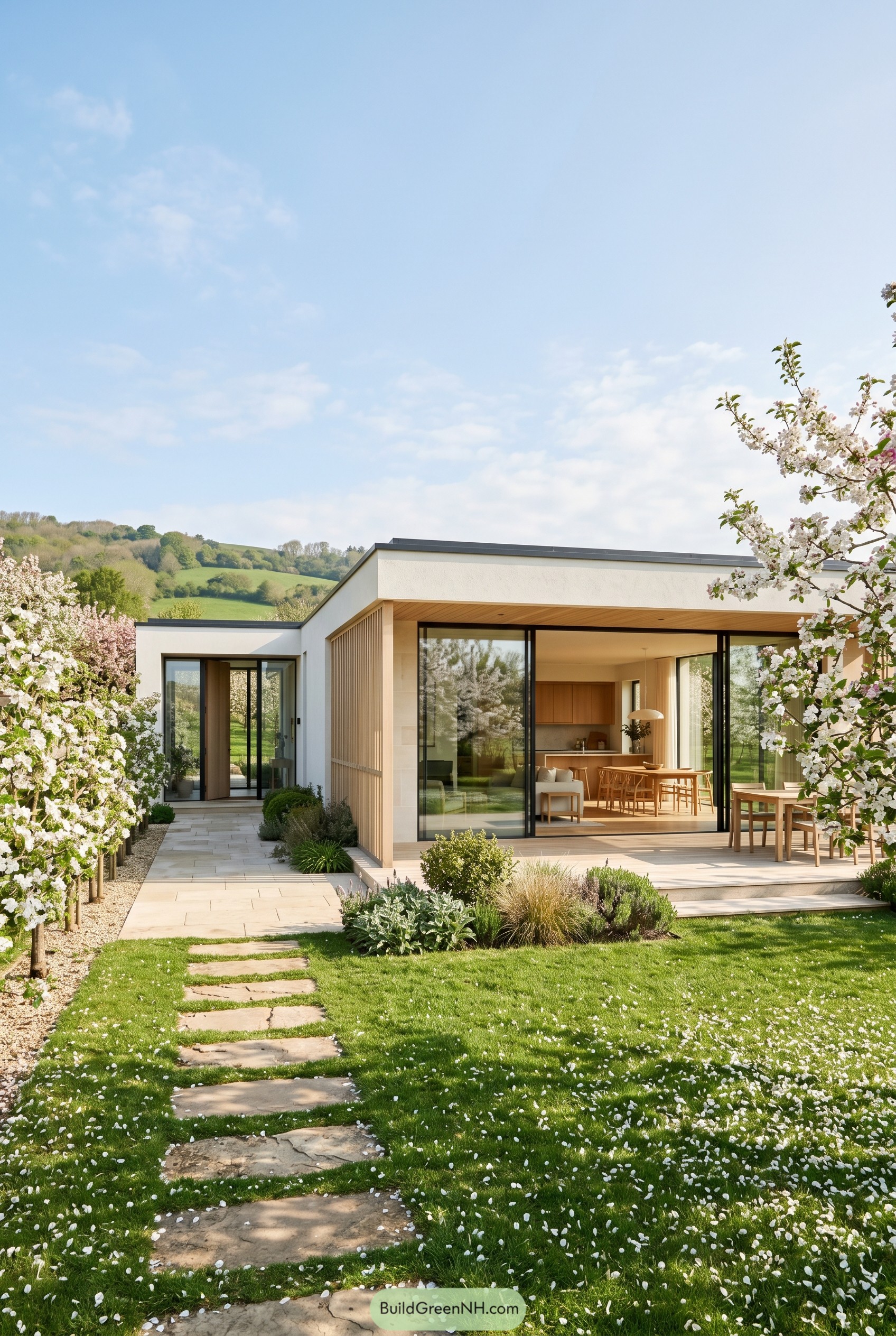 Modern one story house with blossom trees