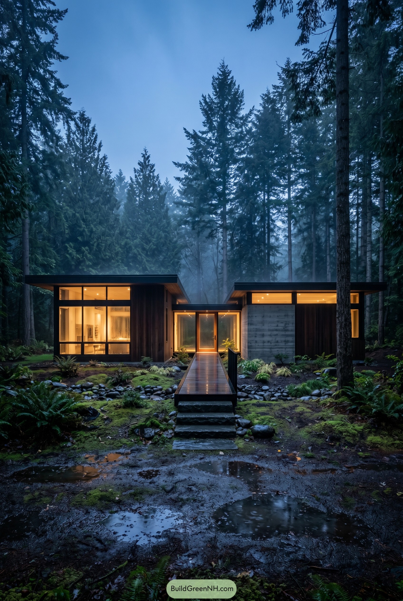 Modern forest house with bridge entry