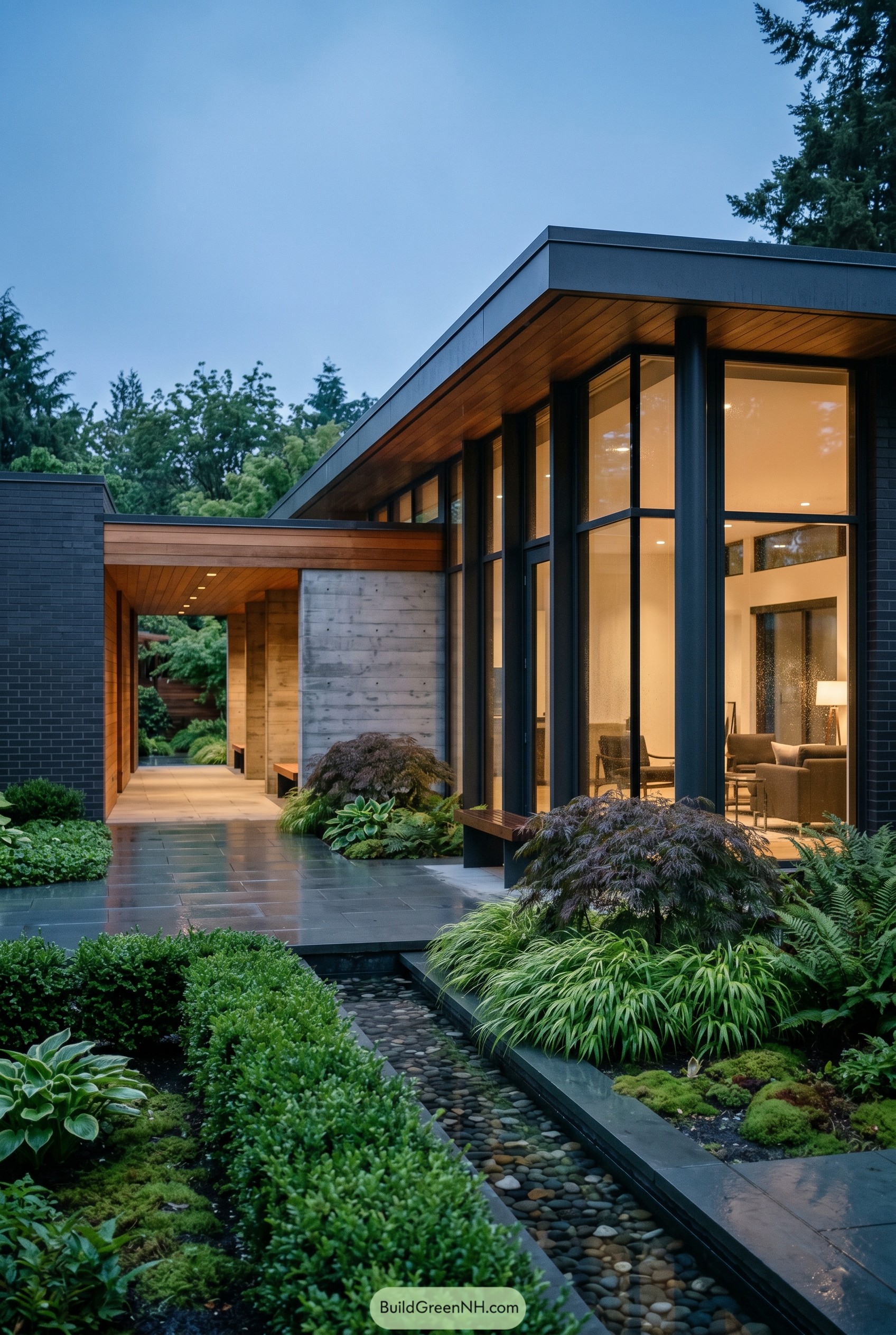 Modern one story house with tall glass walls and a lush water garden