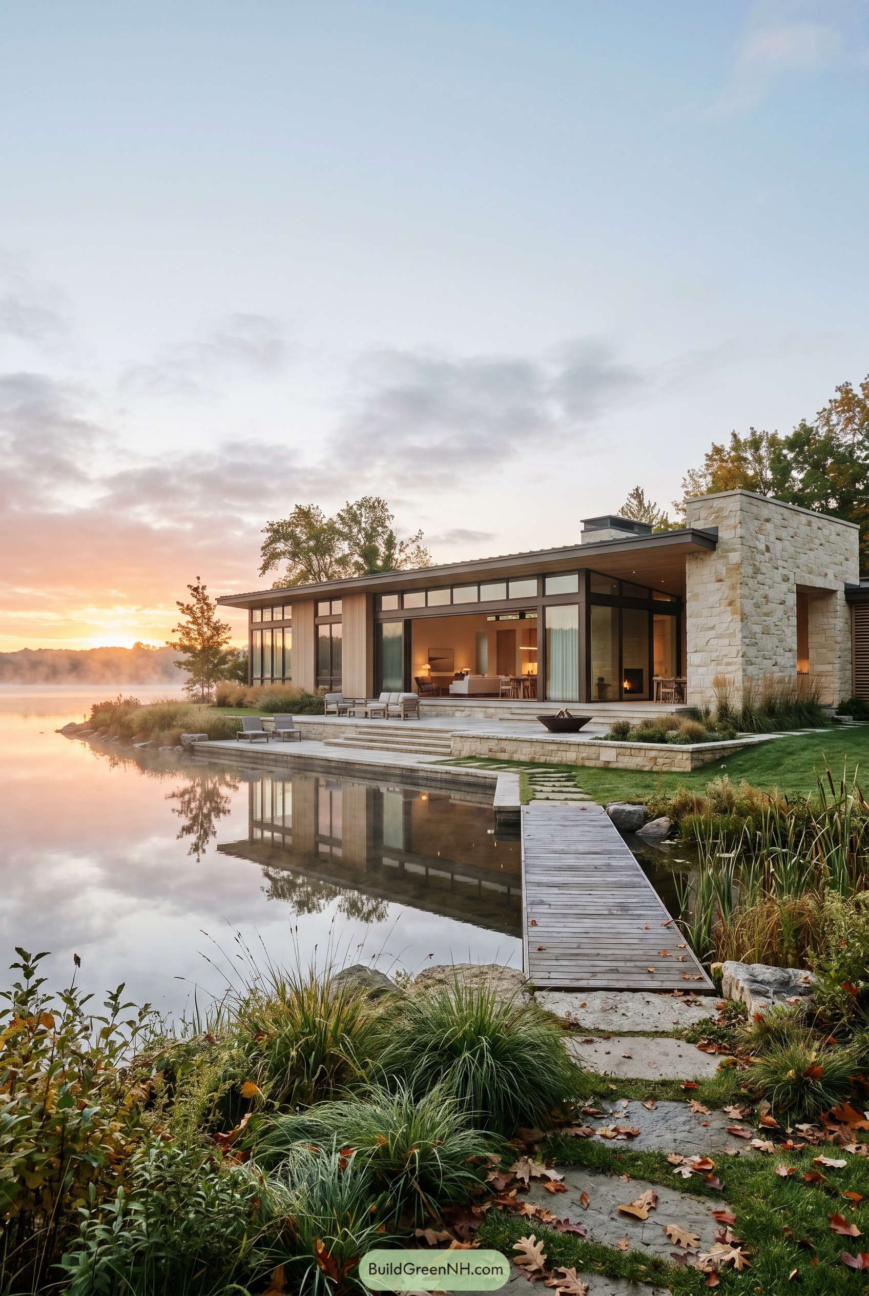 Modern one story lakeside house with stone and glass