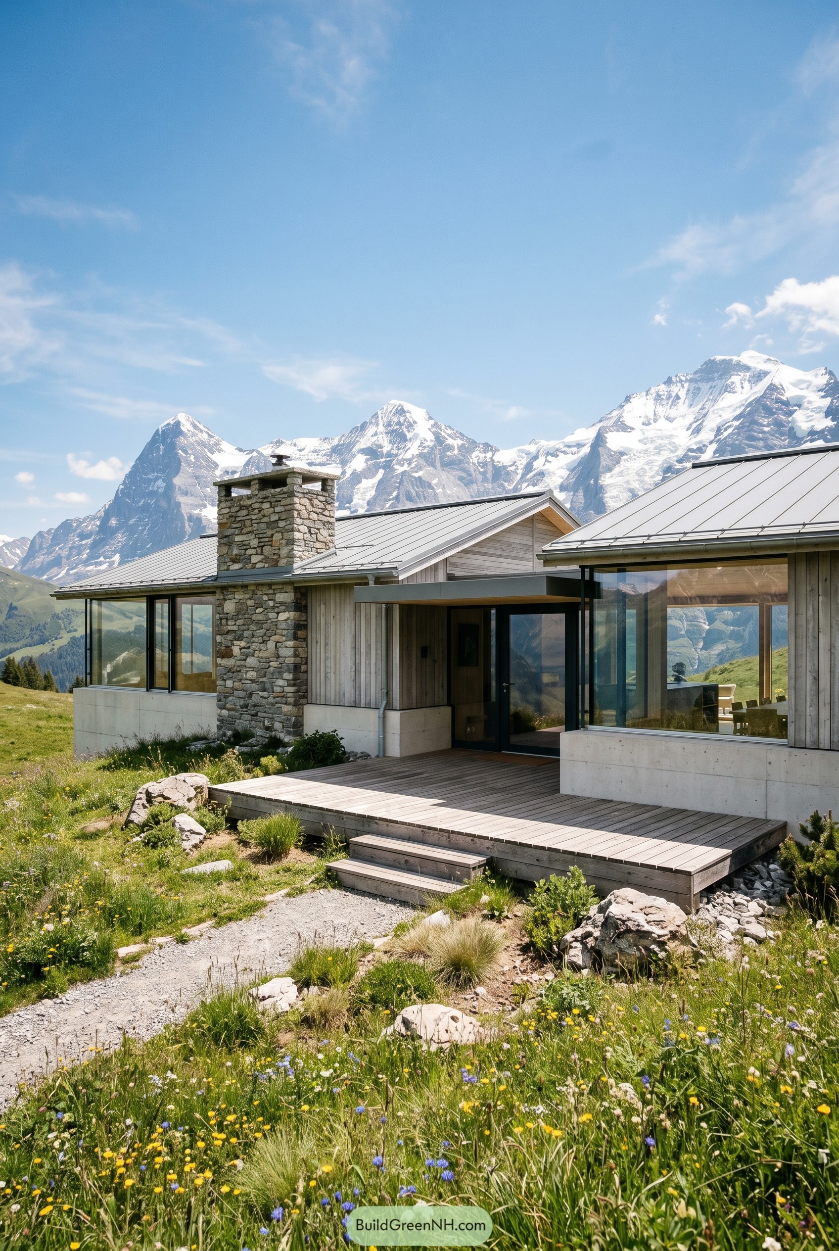Modern alpine house with stone chimney and mountain backdrop
