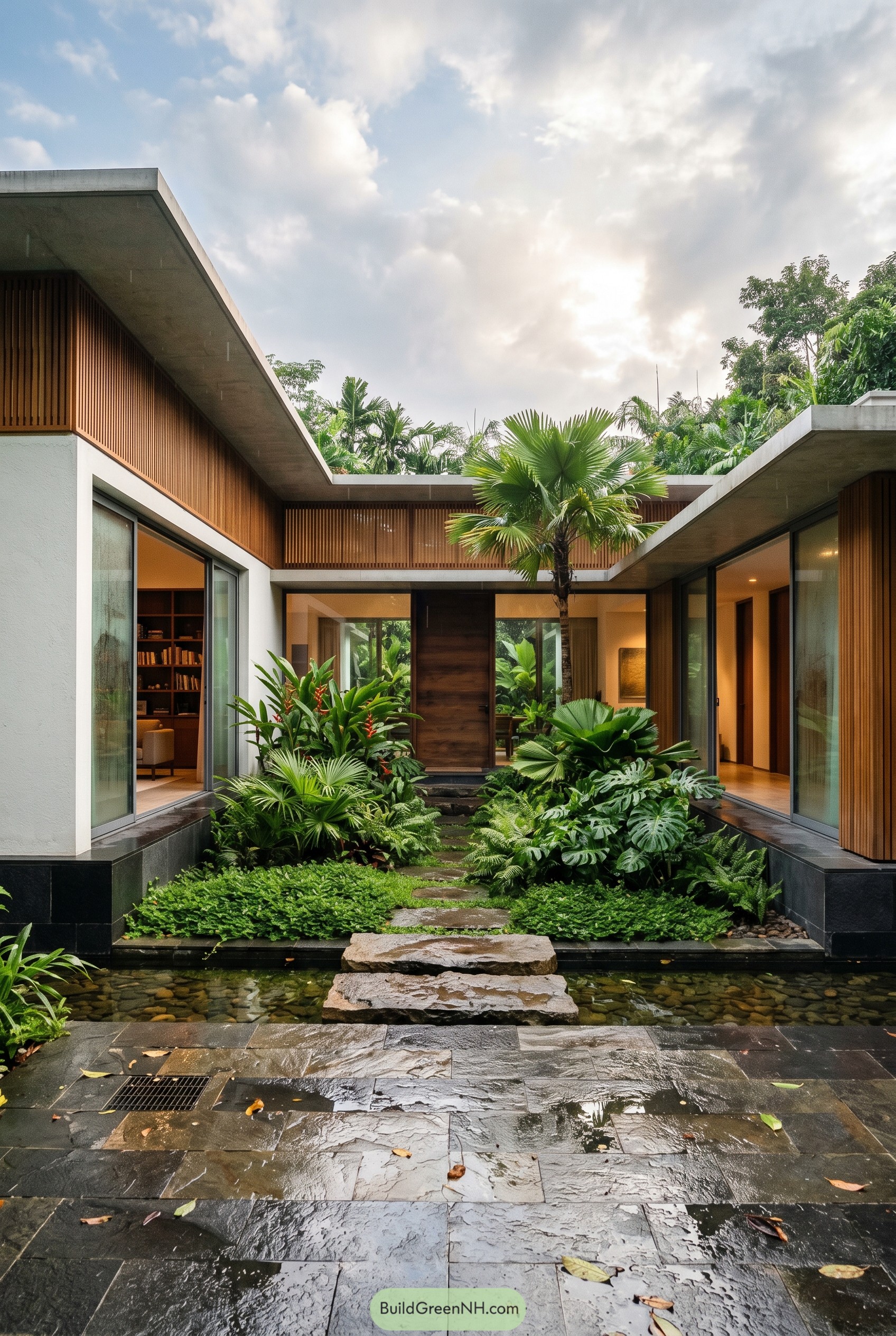 One story tropical home around a lush garden court