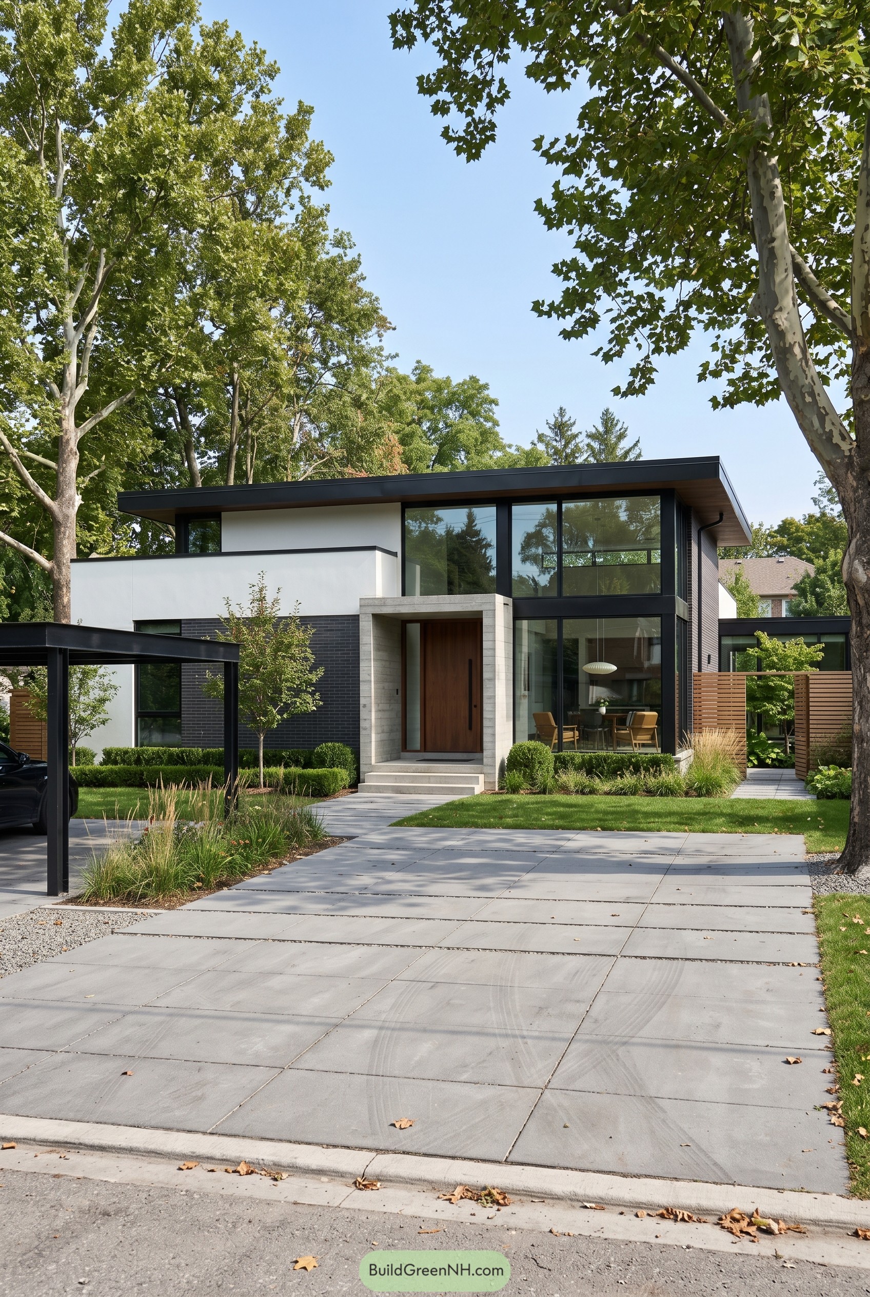 Modern black and white home beneath tall trees