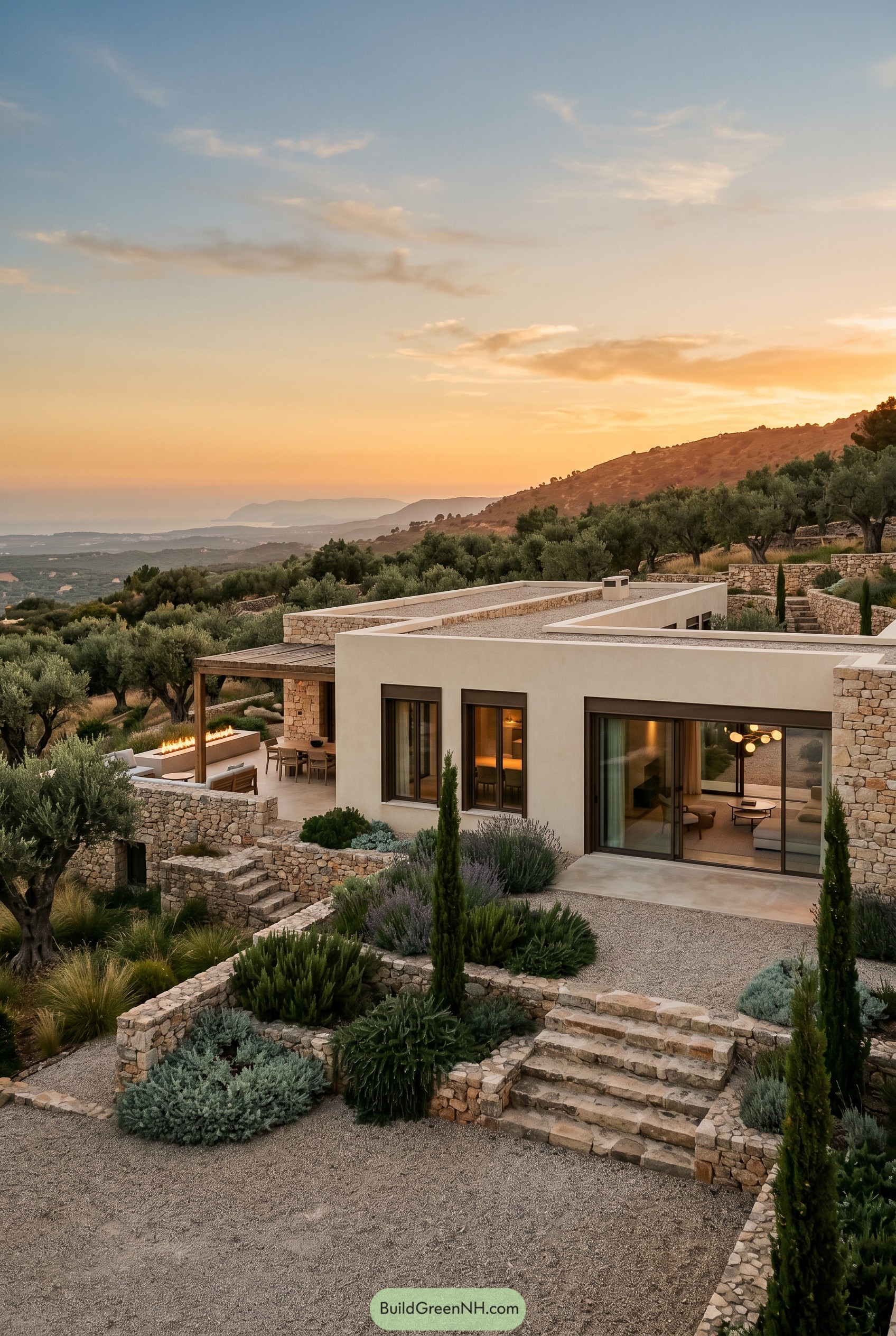 Modern hillside villa with stone terraces at sunset