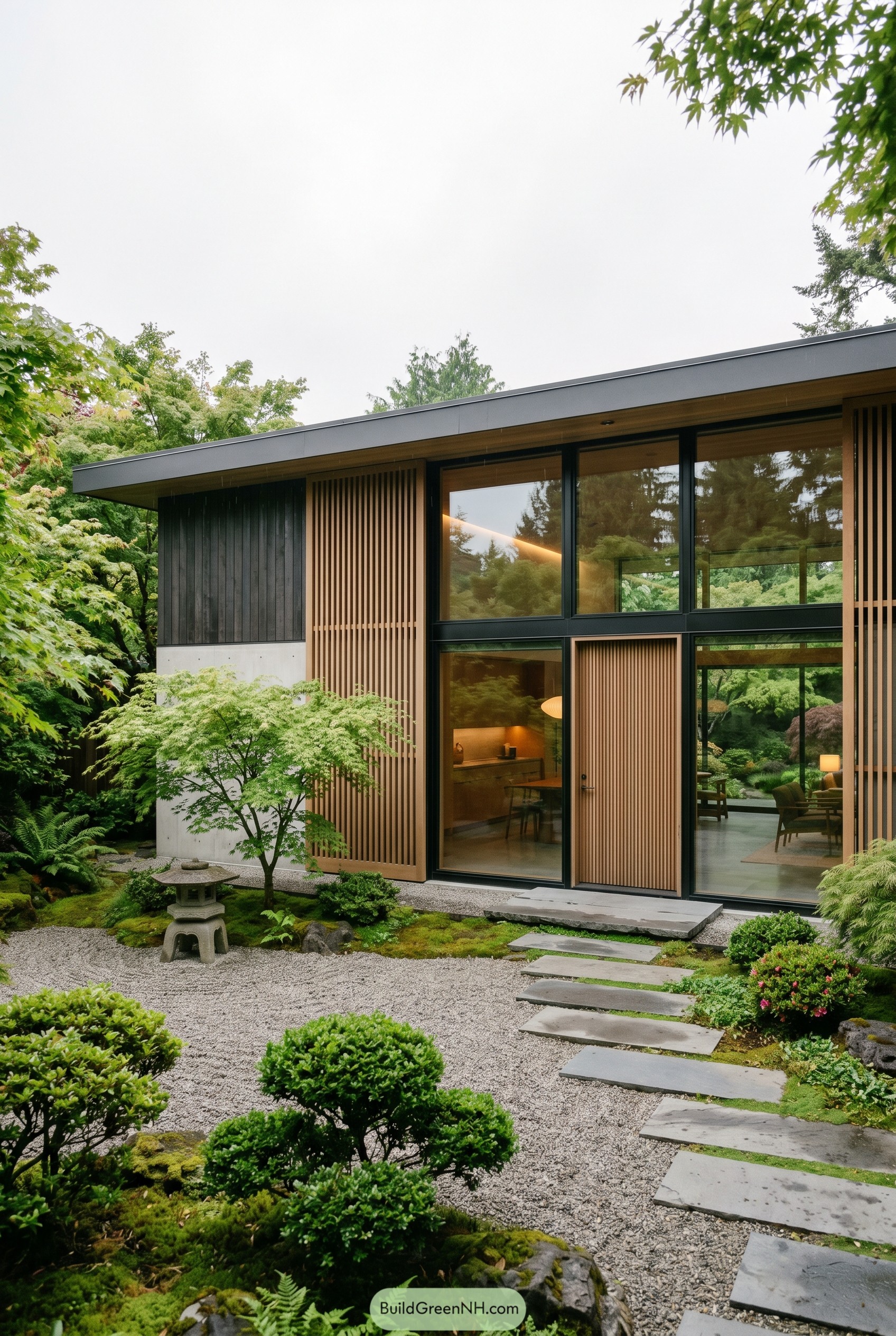 Modern wood and glass home by a zen garden