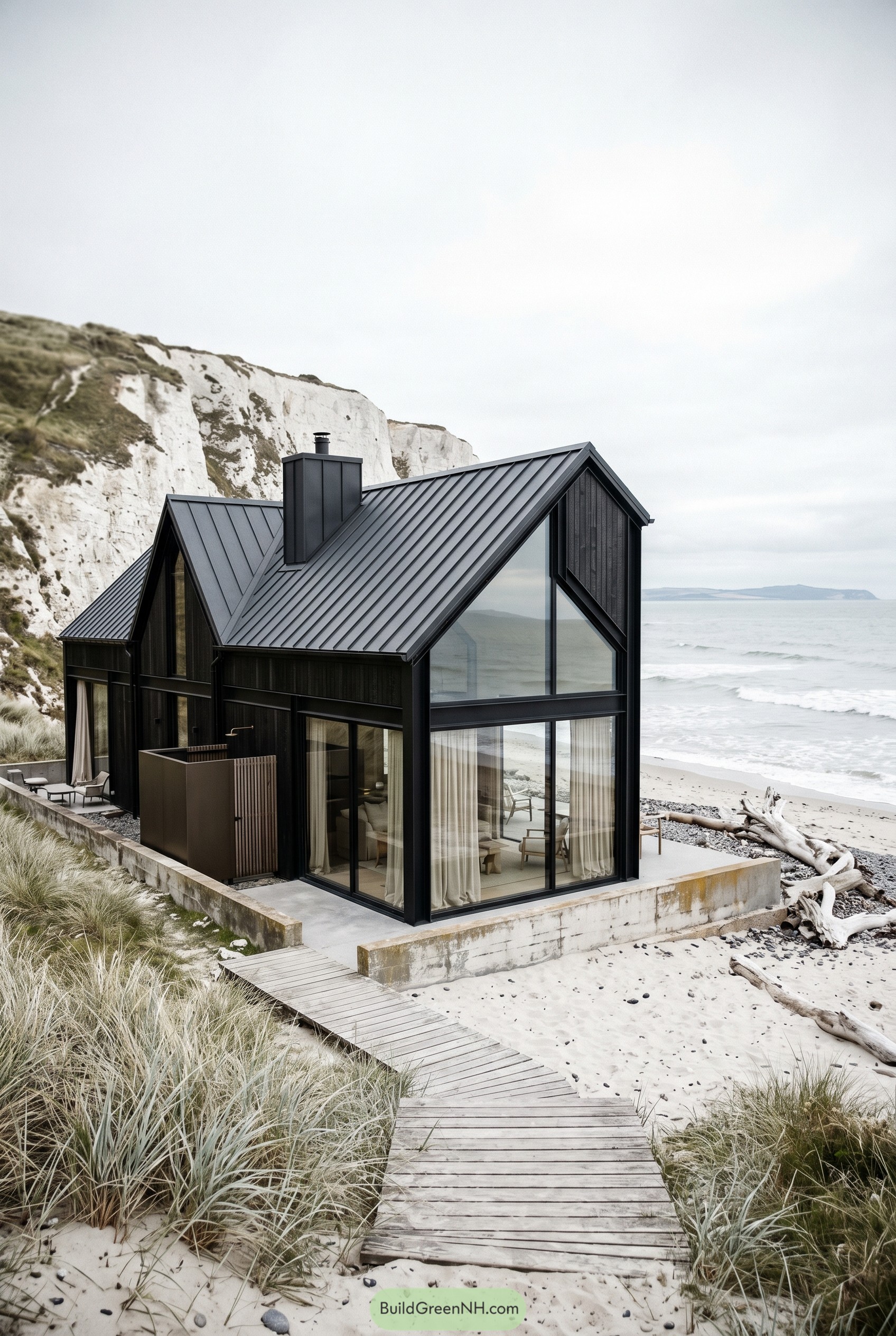 Modern black beach house beside white cliffs