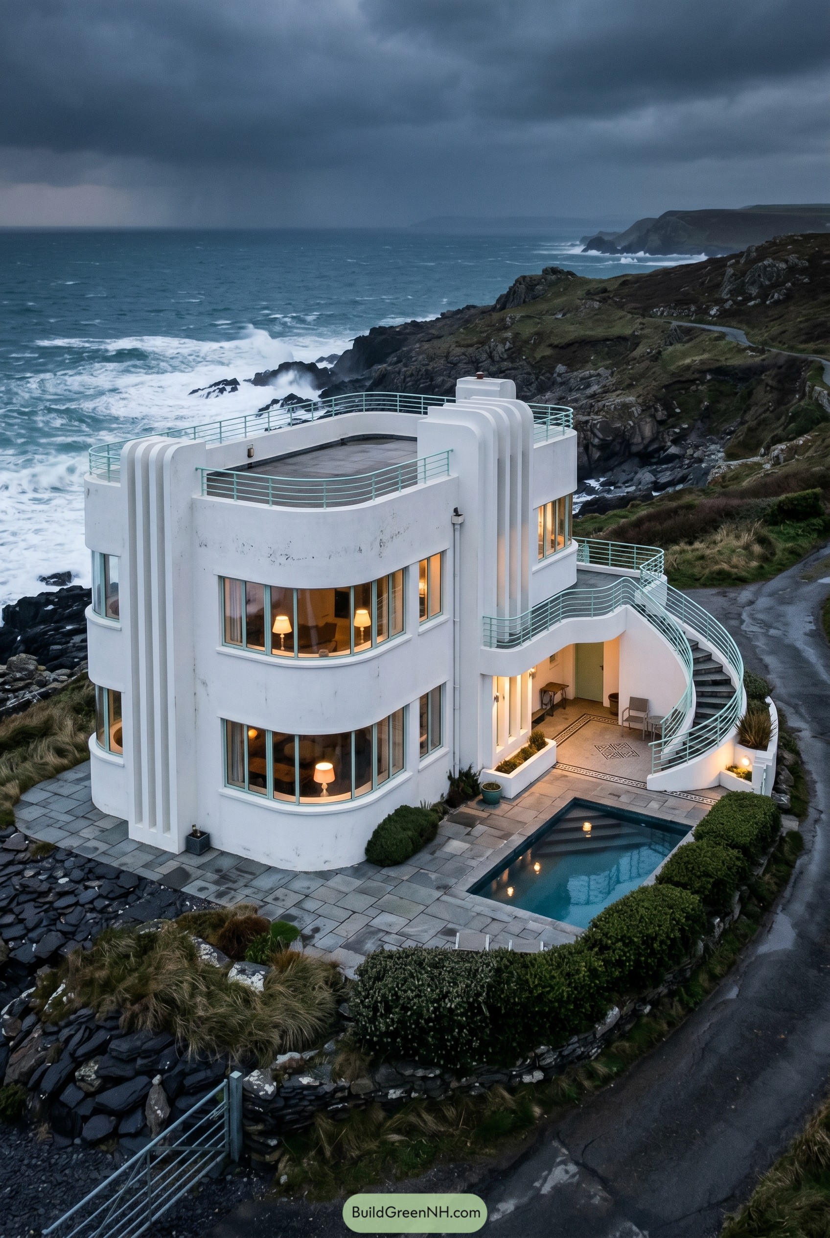 White art deco cliff house above crashing sea
