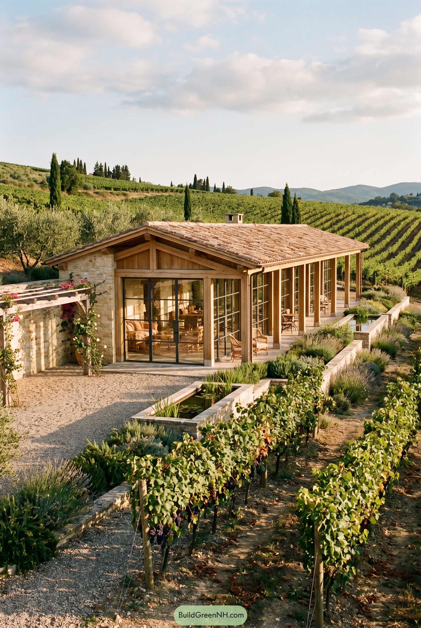 Stone and timber villa beside vineyard rows