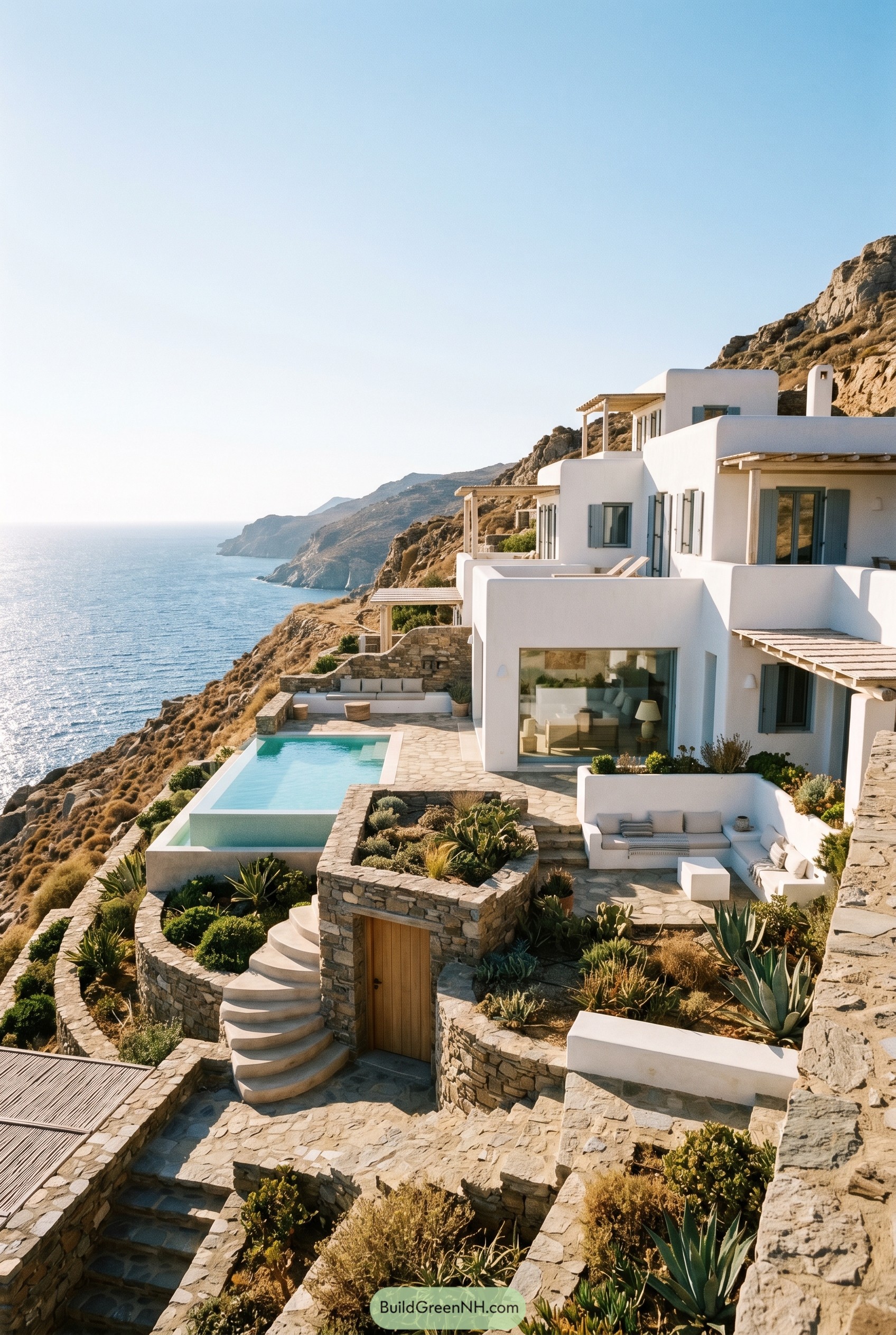 Whitewashed cliffside villa with pool above the sea