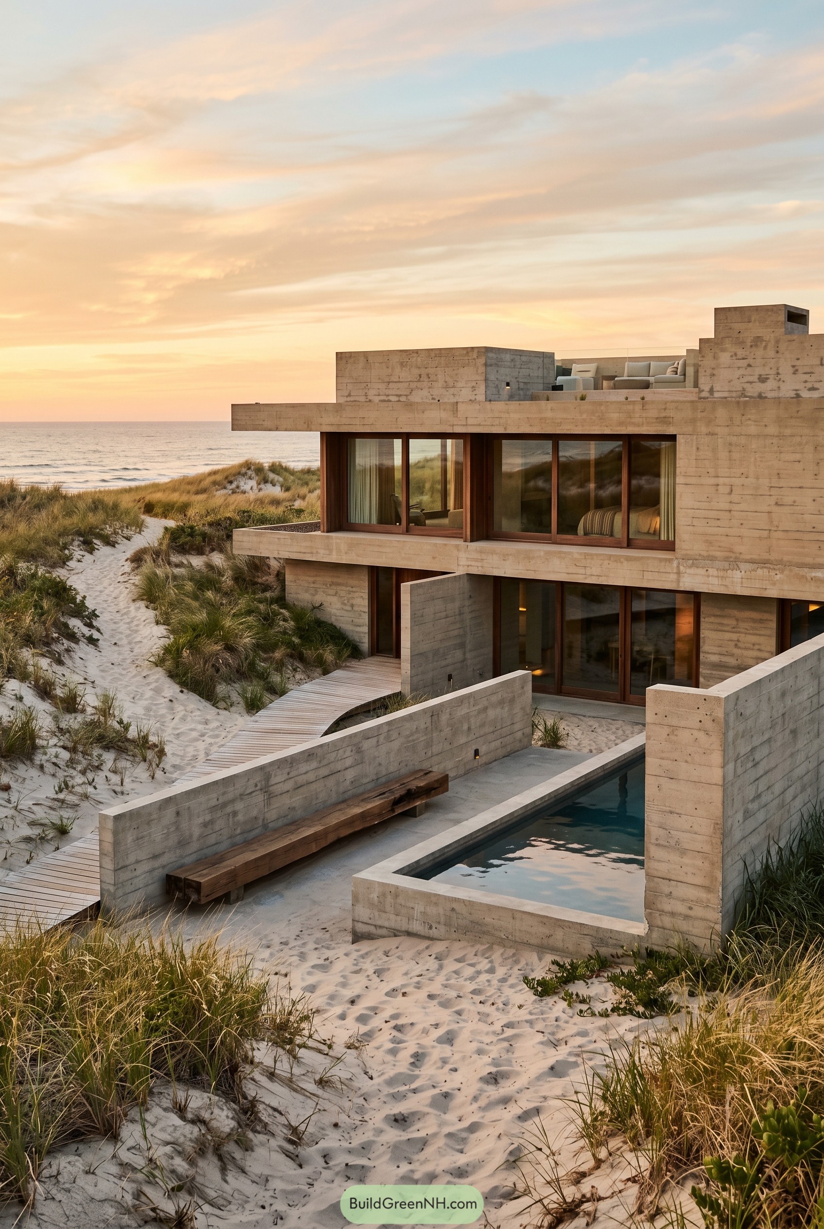 Concrete beach house among dunes with pool