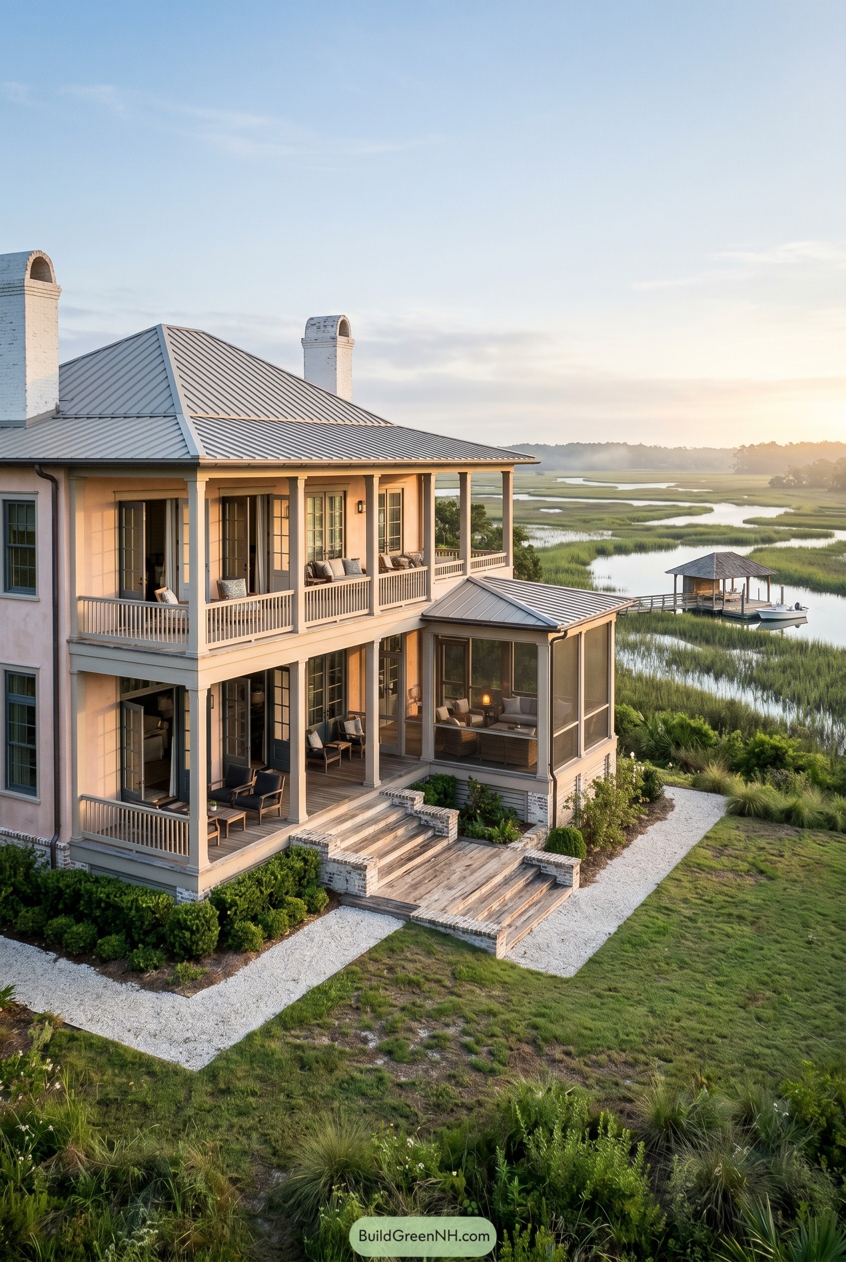 Marshfront house with stacked porches and dock