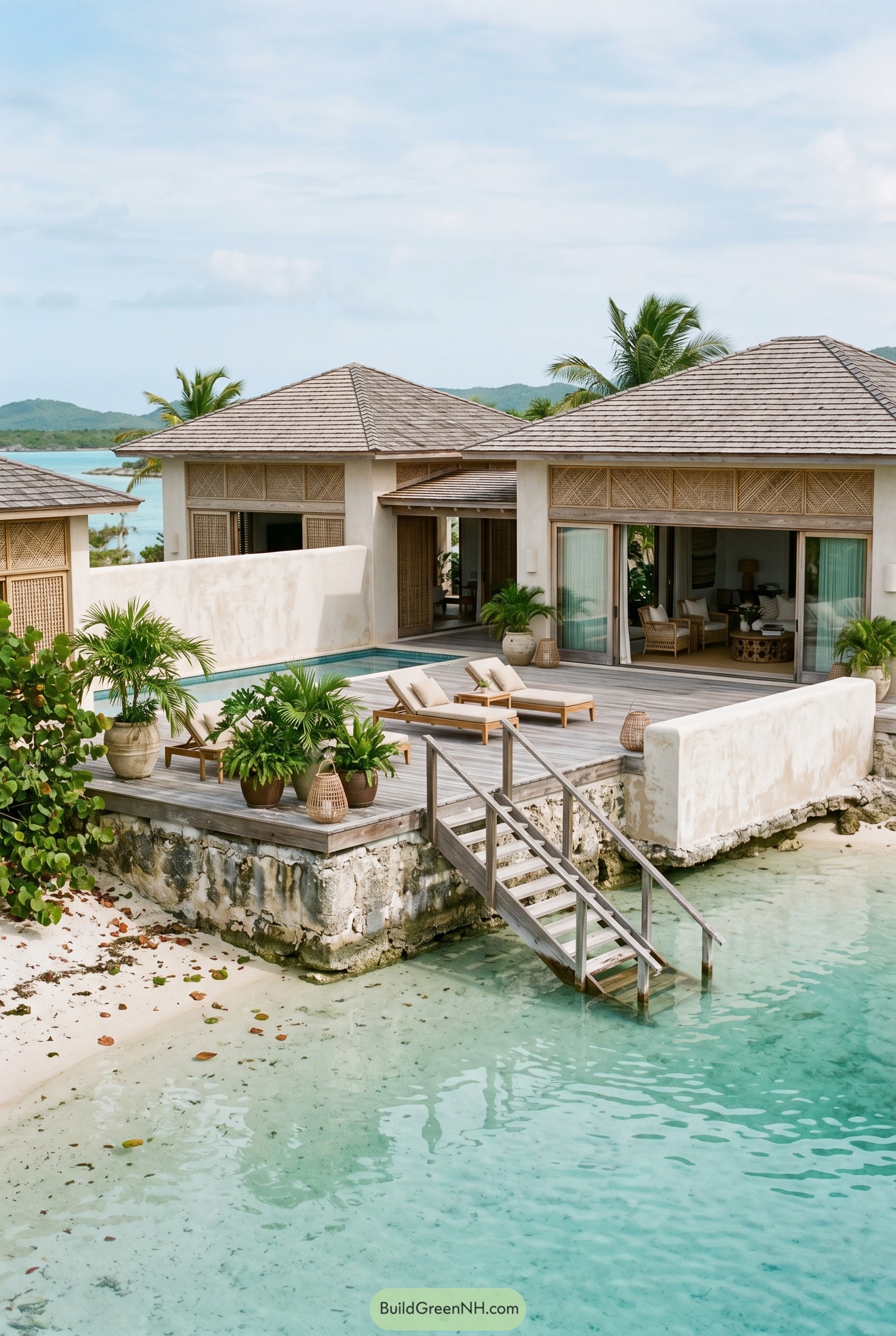 Tropical waterfront villa with deck pool and sea stairs