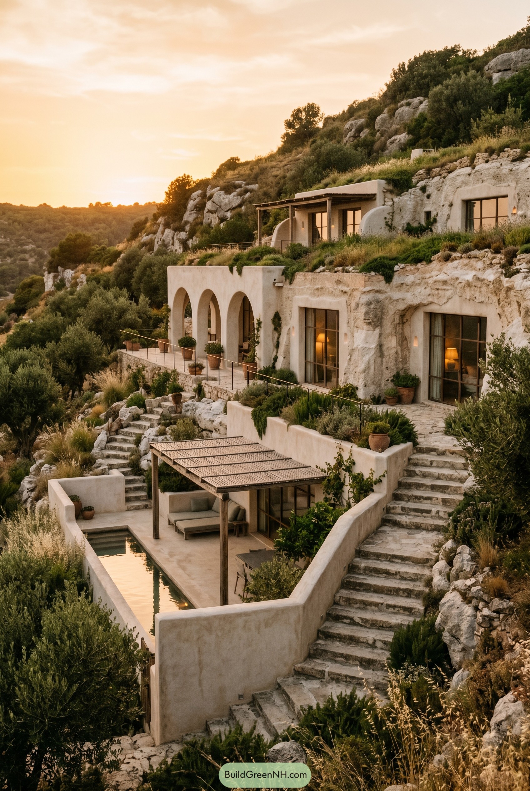 Terraced limestone house with arches and plunge pool