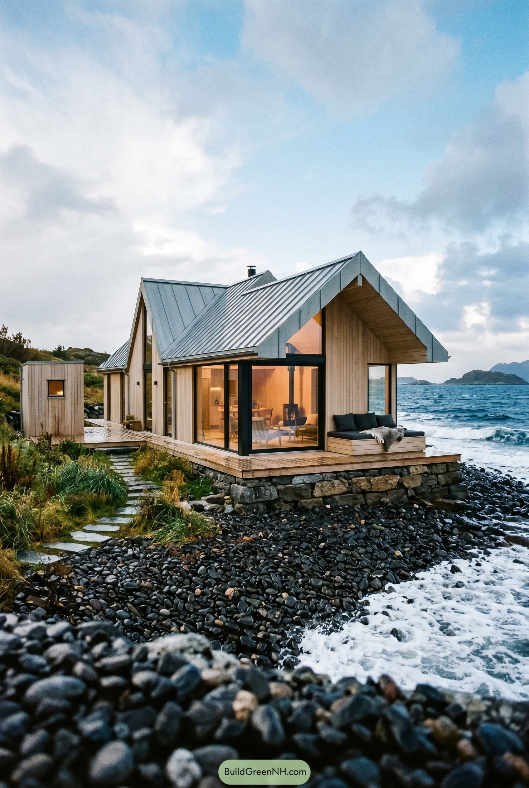 Modern timber cottage on a rocky shore