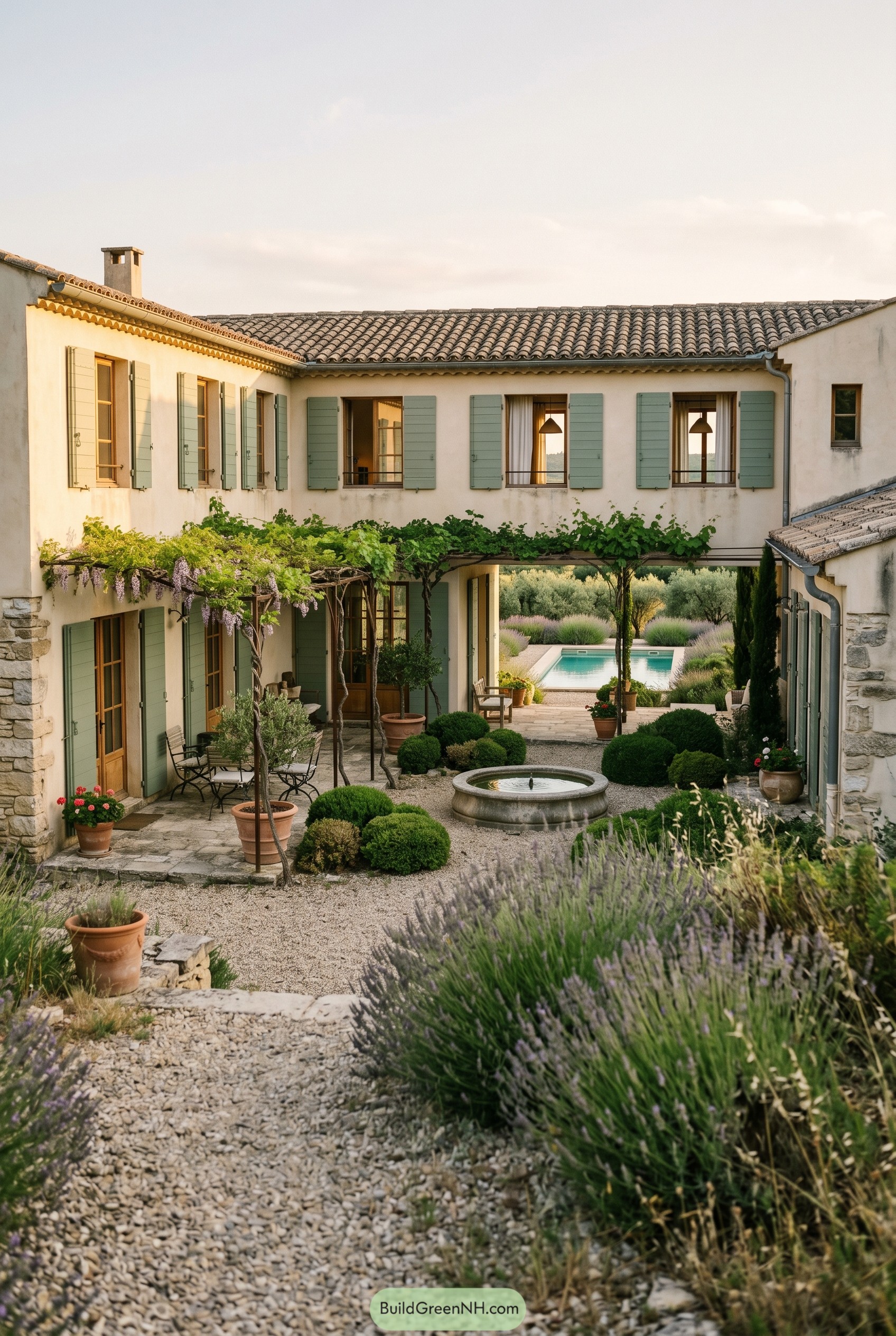 Mediterranean courtyard villa with lavender fountain and pool