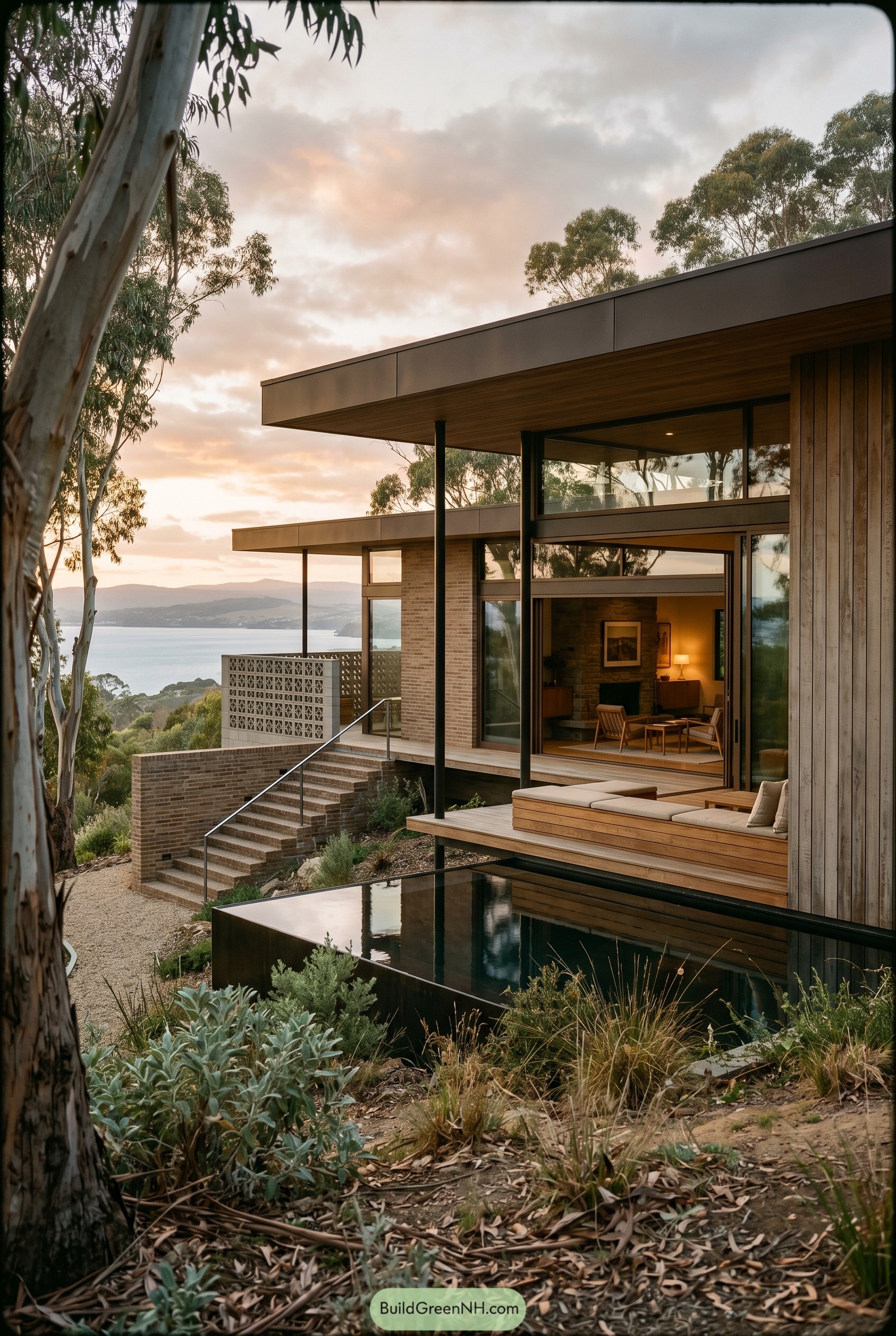 Modern hillside house with pool and bay view