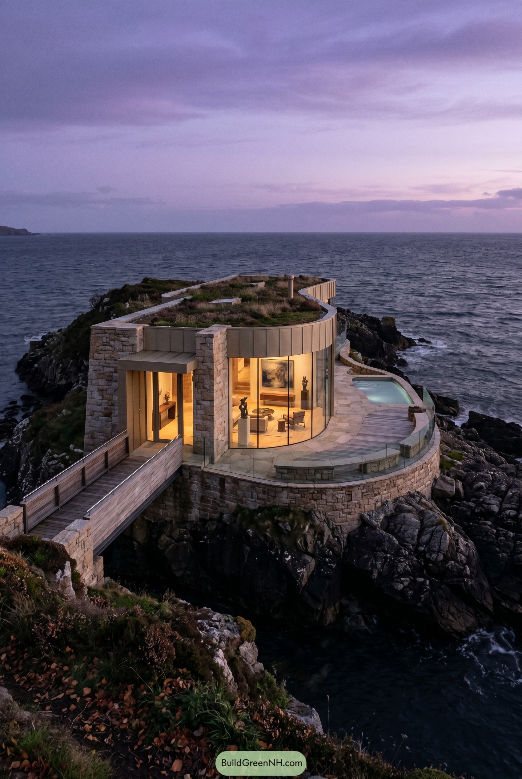 Curved stone and glass cliff house with pool