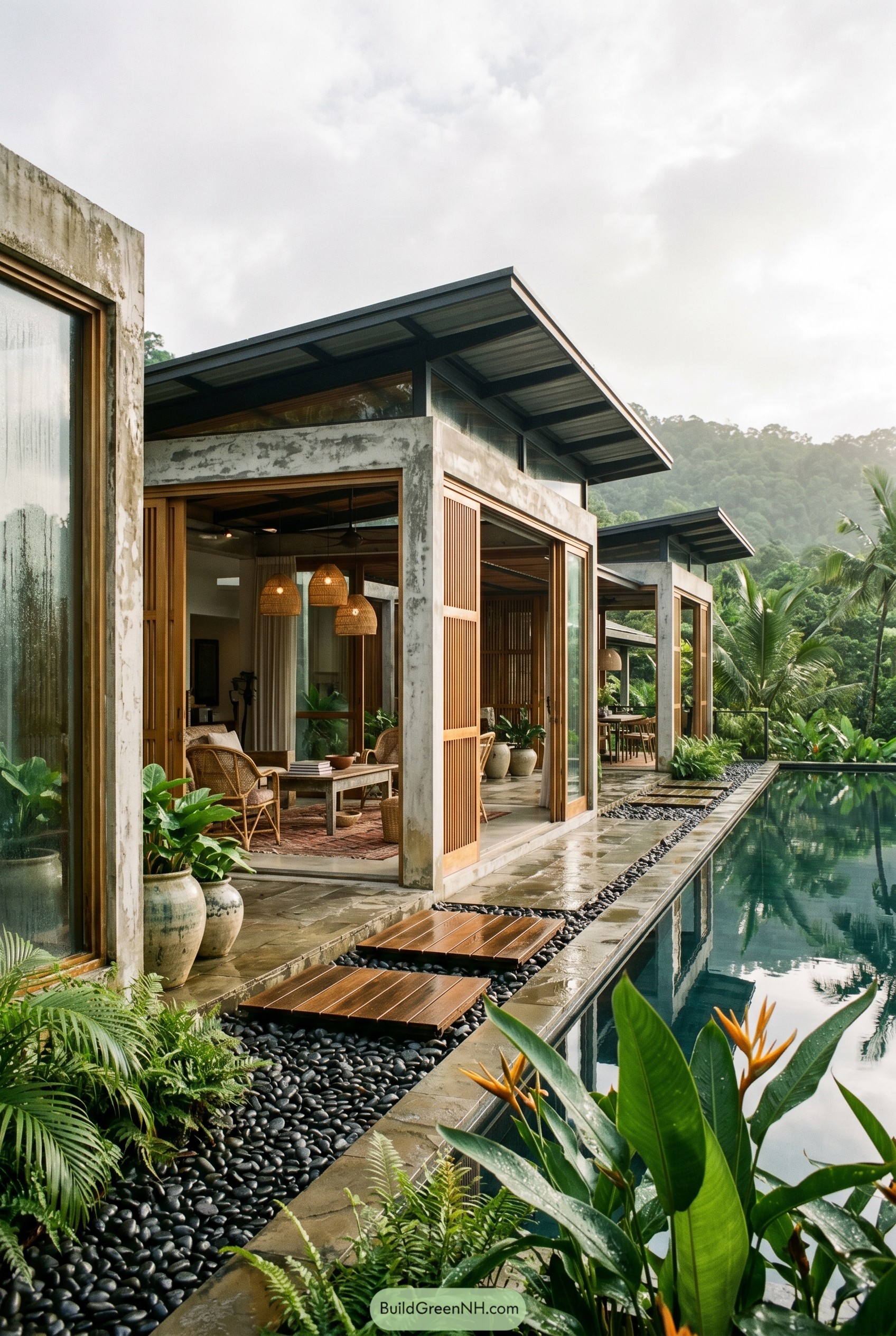 Tropical concrete villa beside a long pool