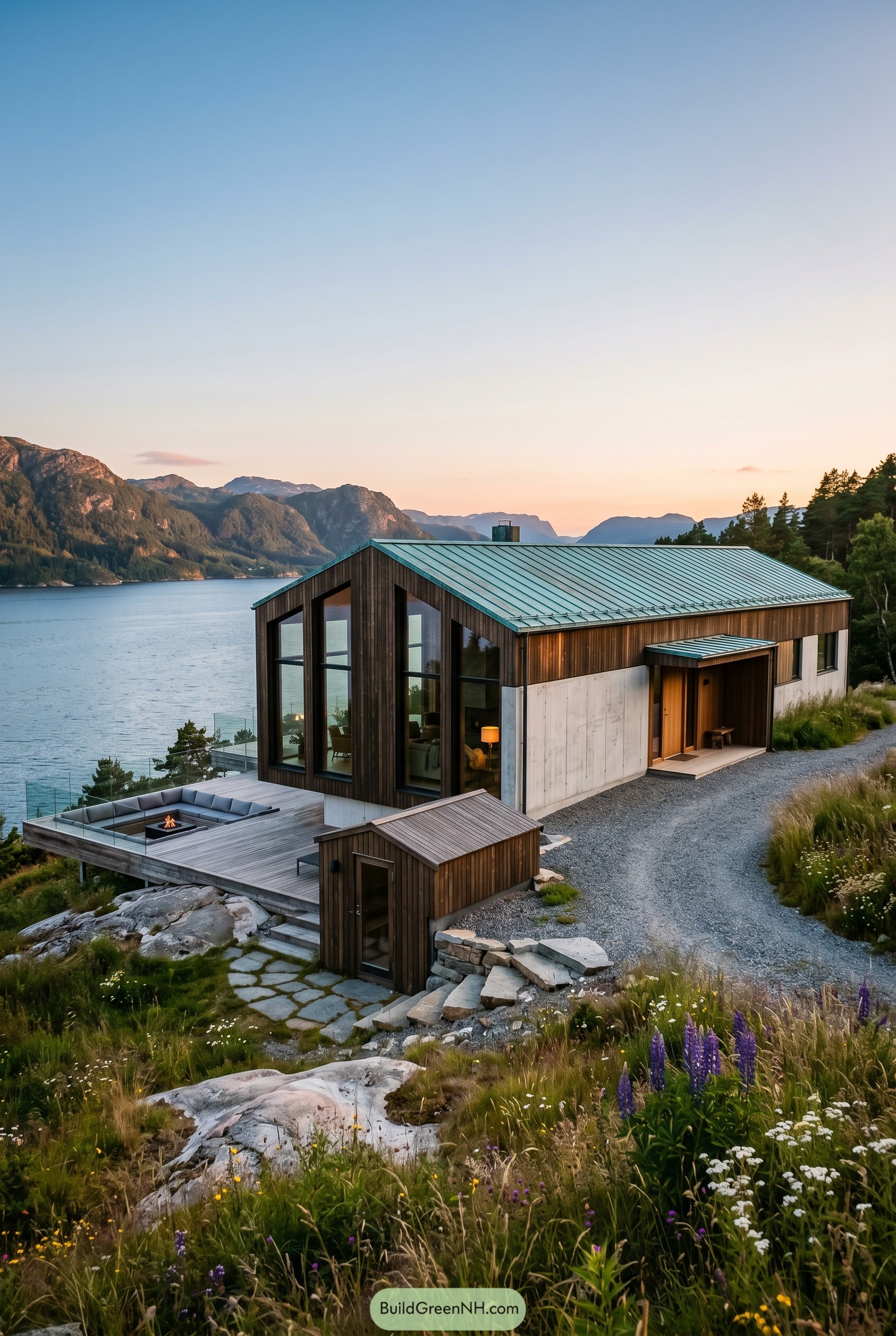Modern timber cabin above a fjord