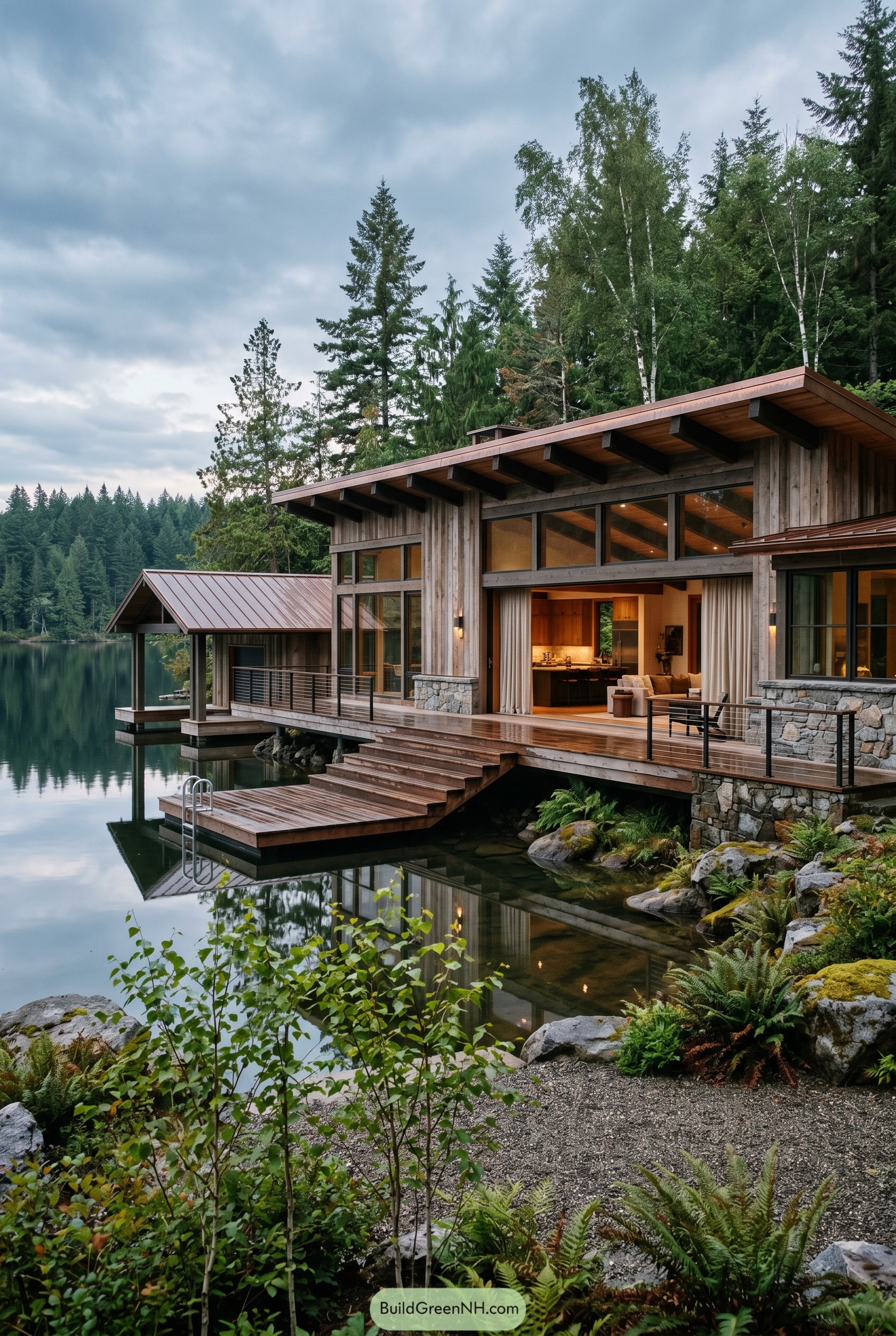 Modern timber lake house with dock