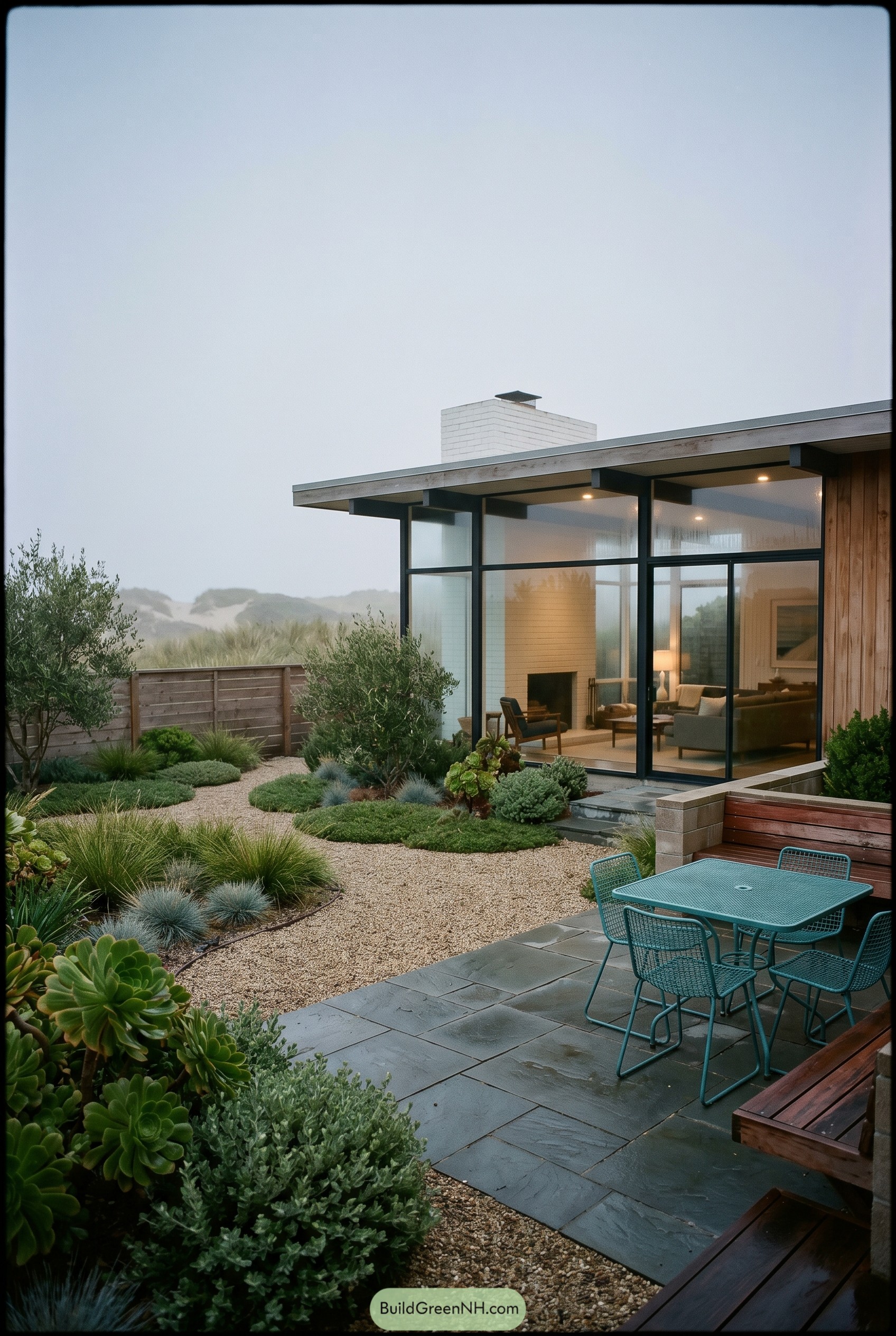 Mid century backyard with gravel garden and patio seating