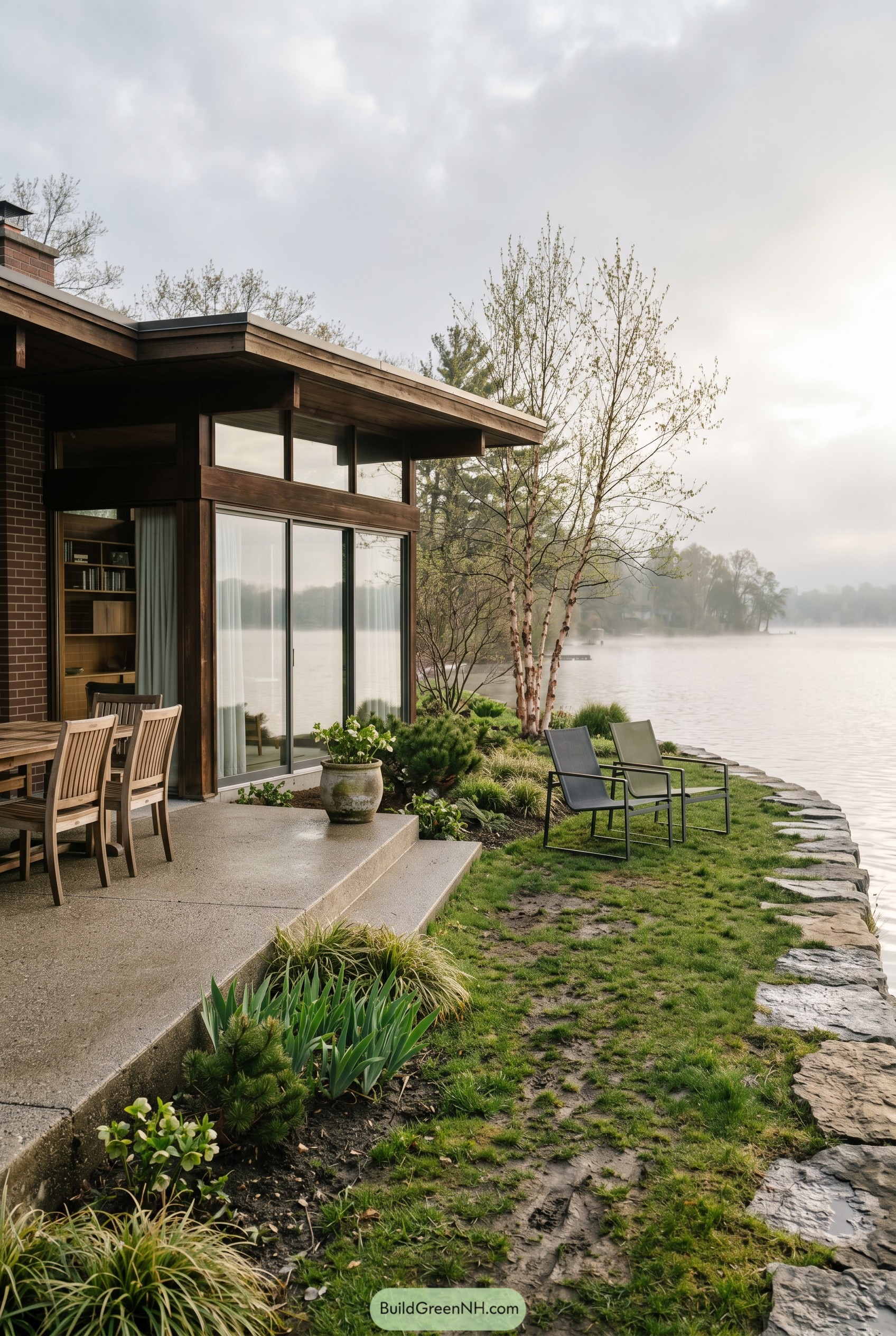 Mid century patio beside a misty lake