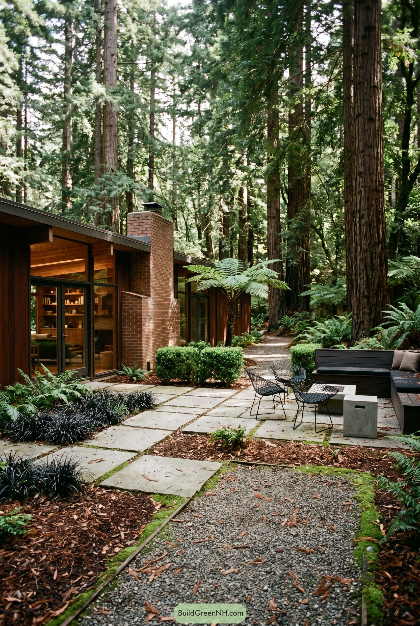 Mid century patio in a redwood grove