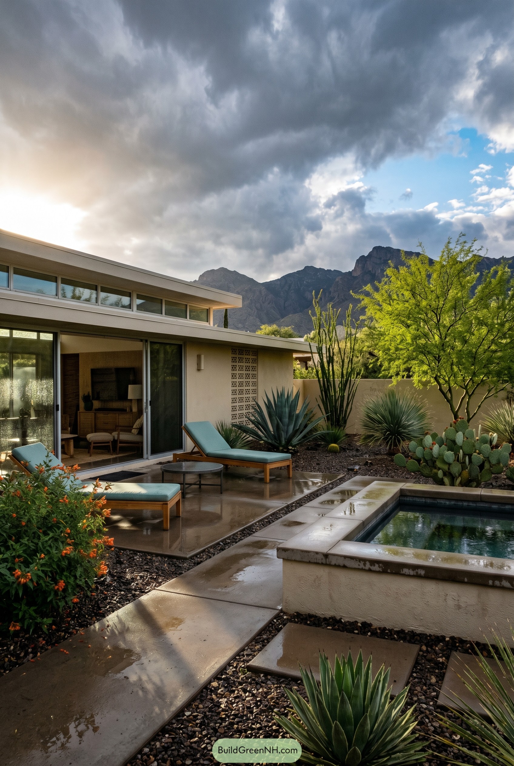 Mid century patio with plunge pool and desert plants