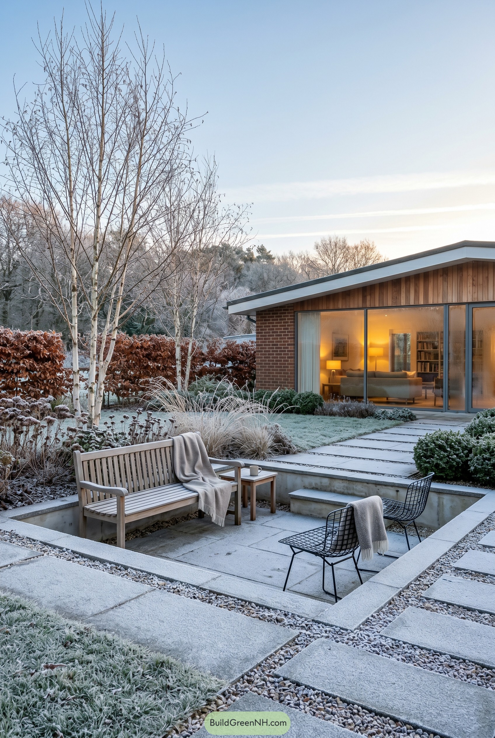 Sunken frosty patio with birches and bench