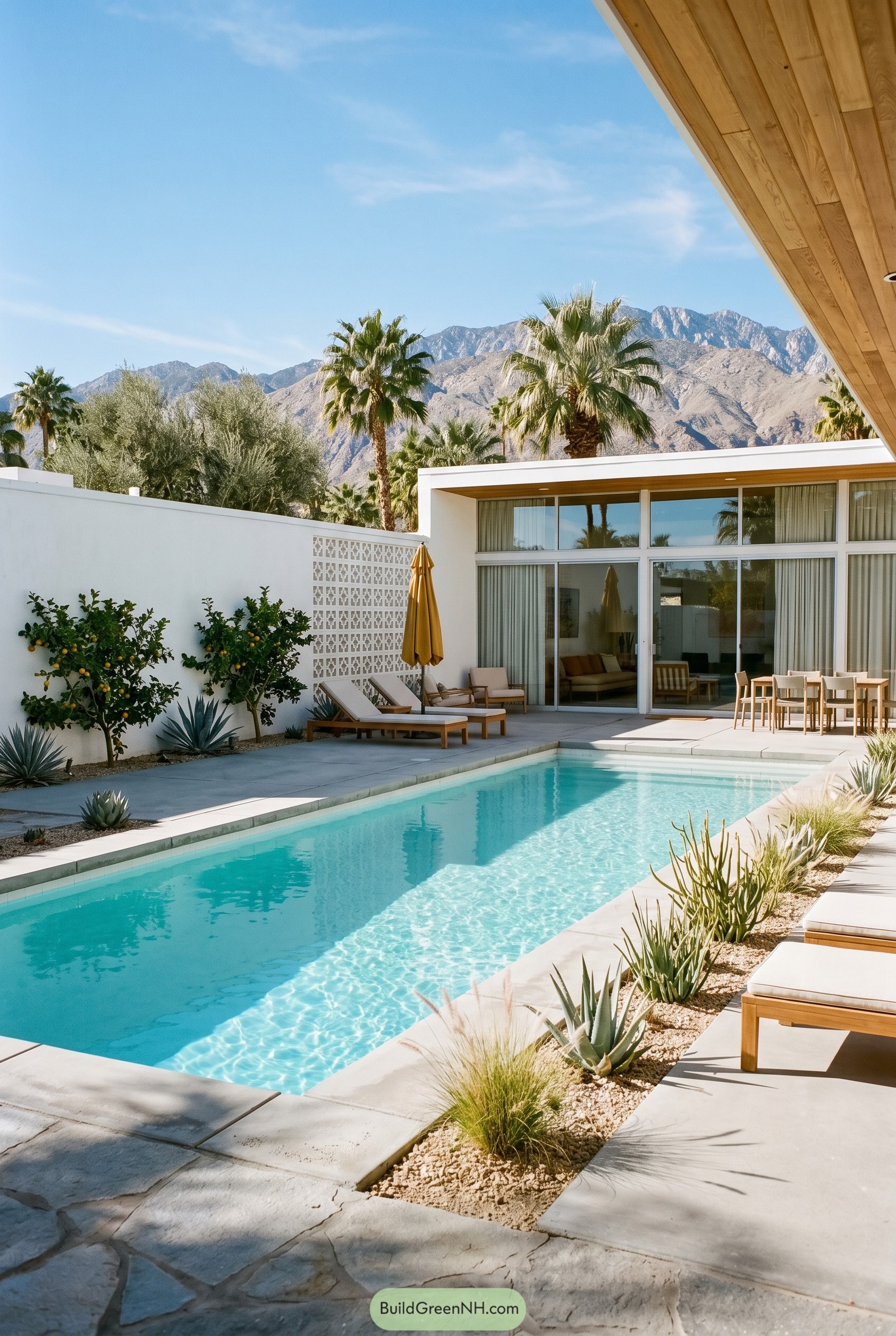 Modern courtyard lap pool with citrus trees