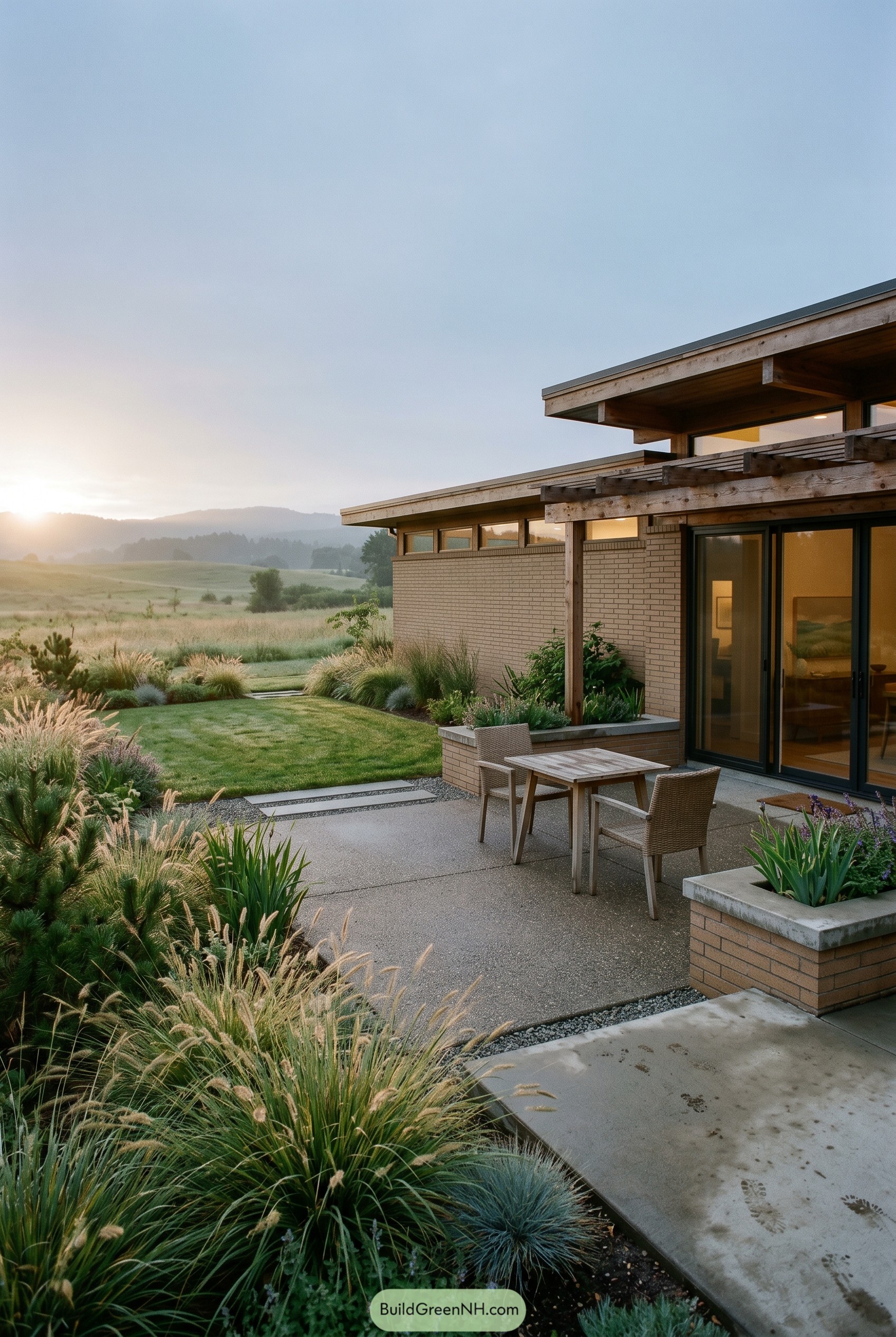 Concrete patio with grasses and open meadow view