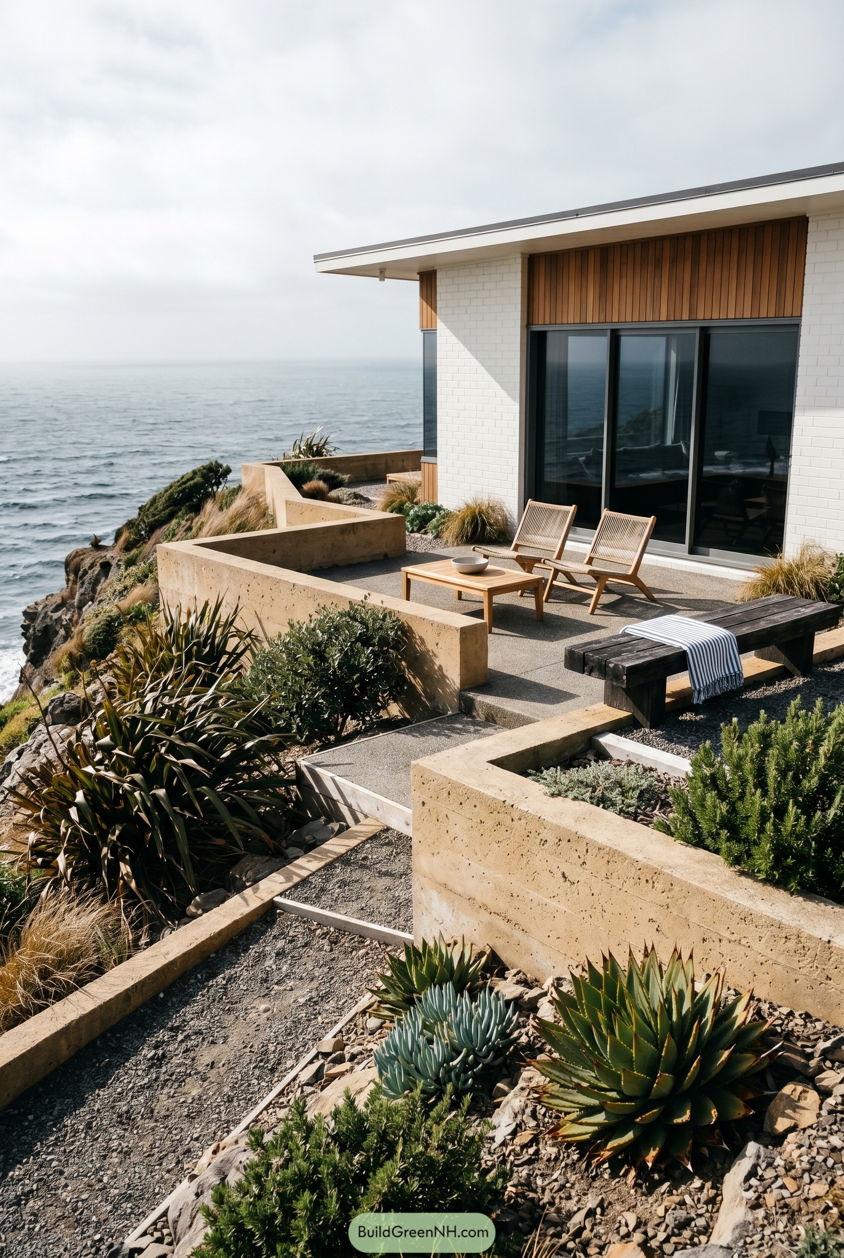 Cliffside modern patio with succulents and ocean view