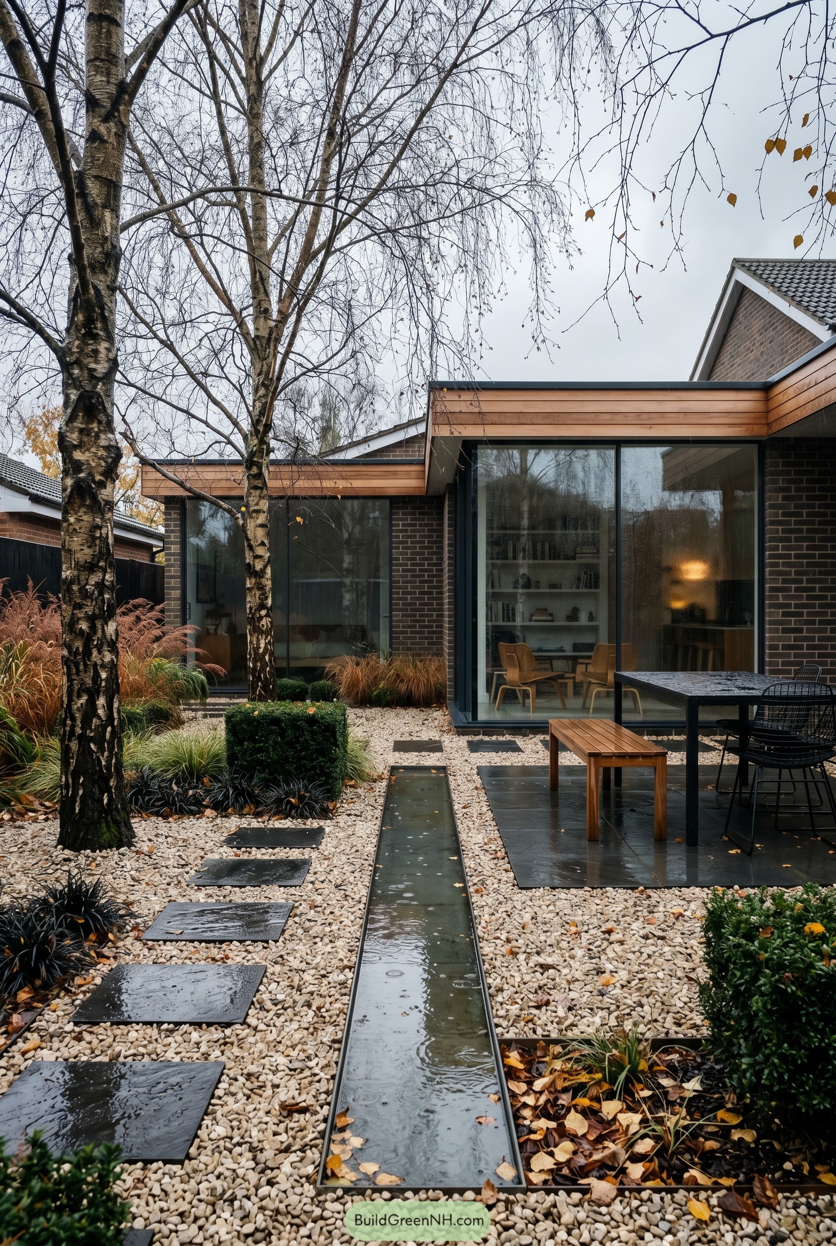 Modern courtyard with birch trees gravel and a narrow water rill