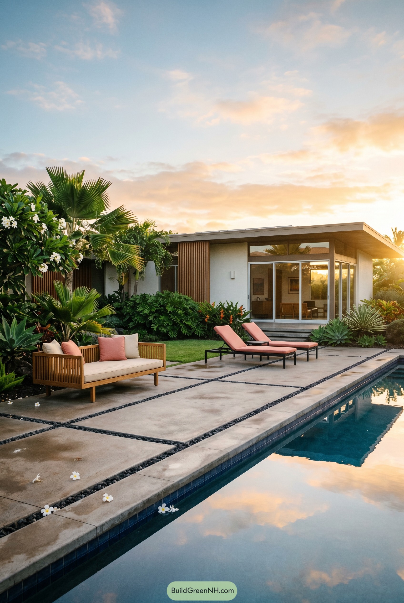 Mid century backyard with lap pool and tropical seating