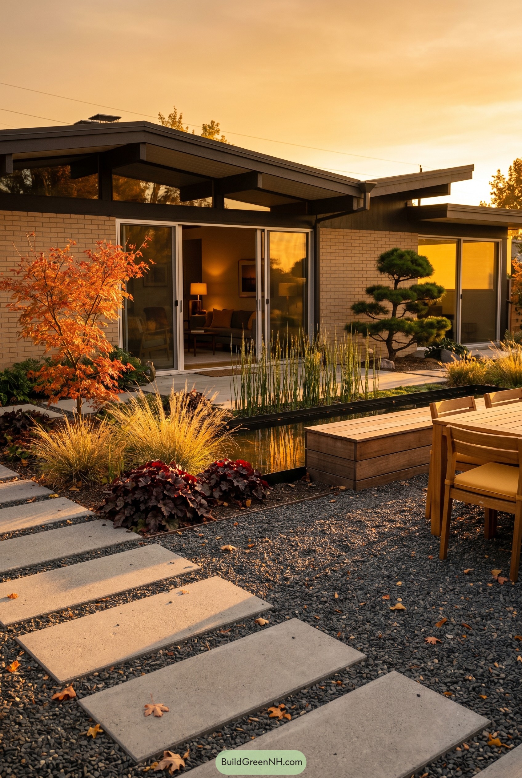 Mid century patio with reflecting pond
