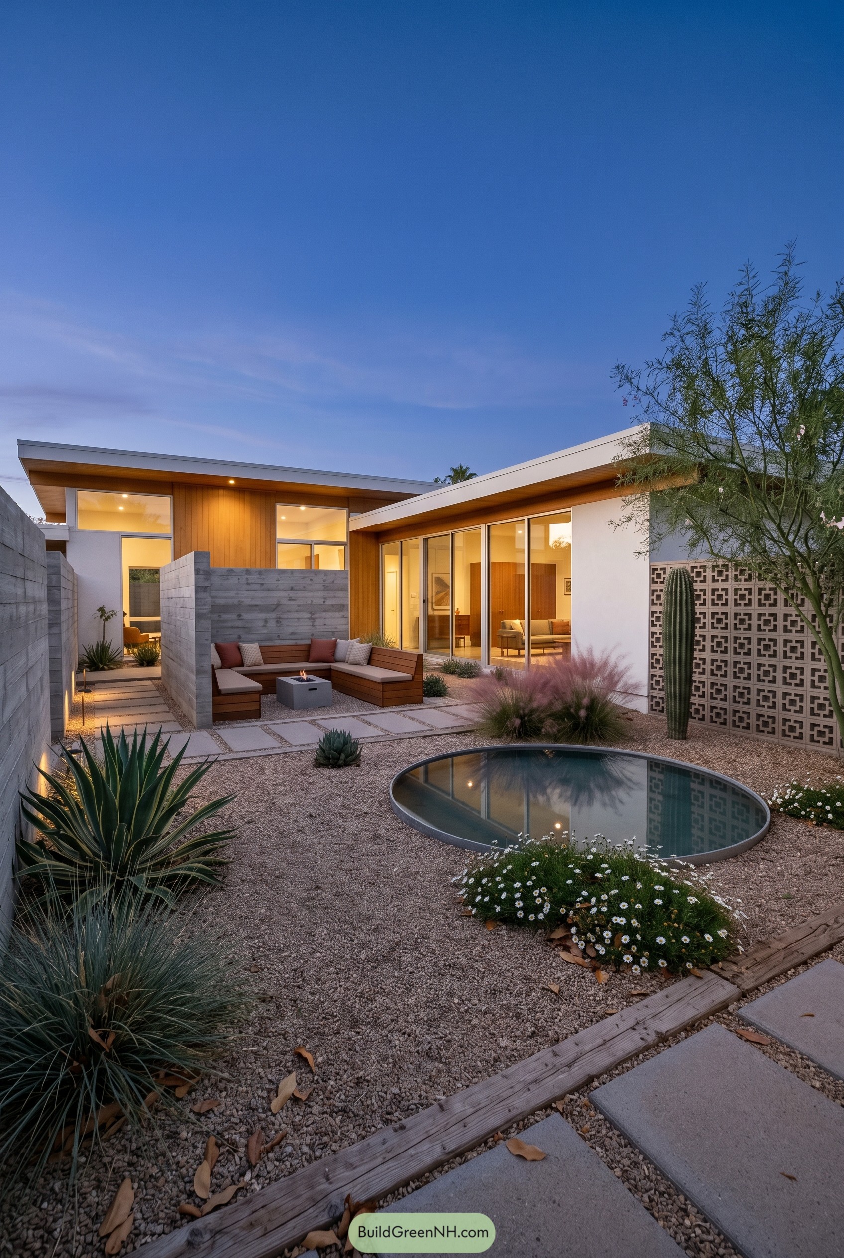 Desert courtyard with circular plunge pool built in seating and breeze block wall