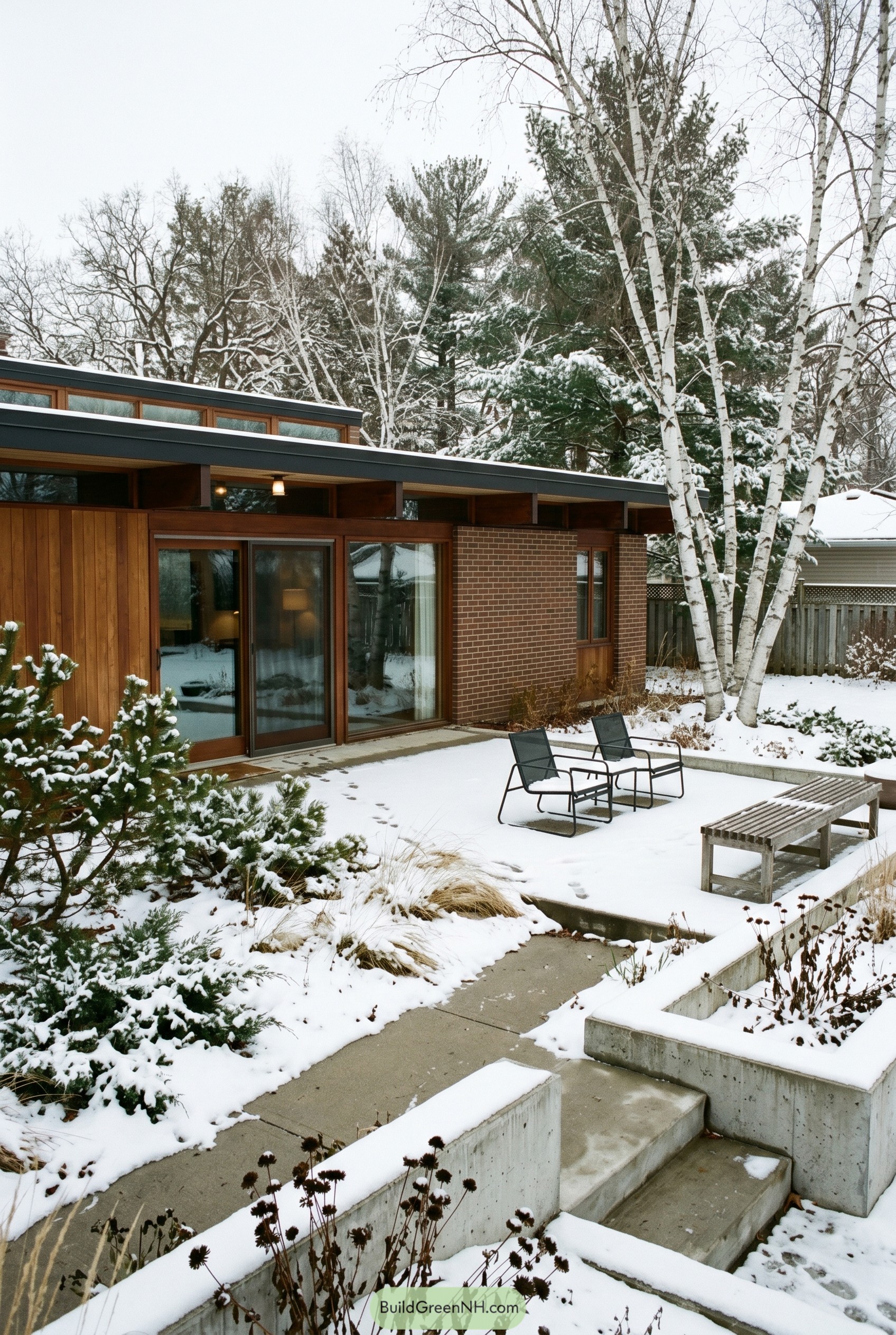 Snowy mid century patio garden with birch trees