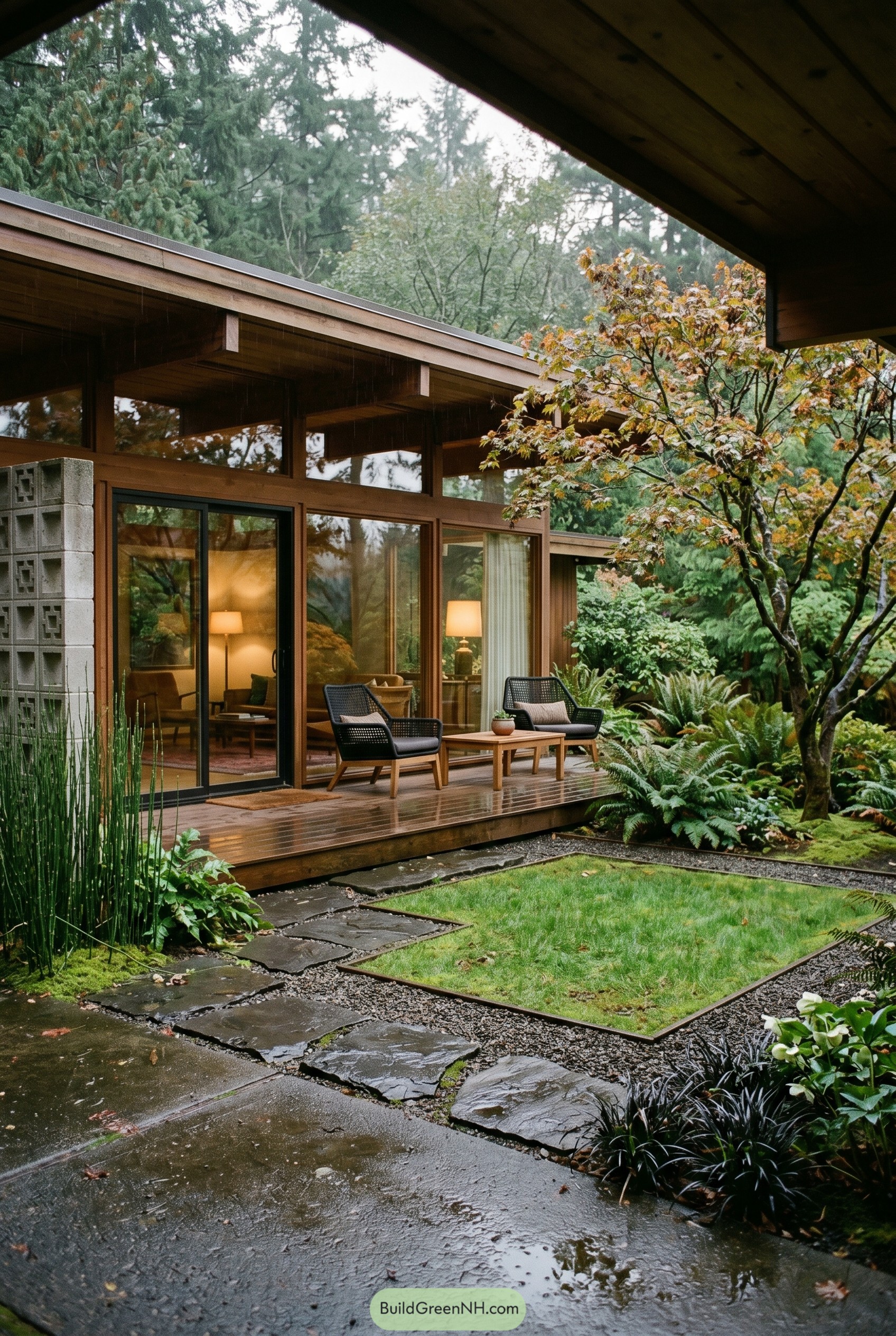 Rainy mid century patio with ferns and slate path