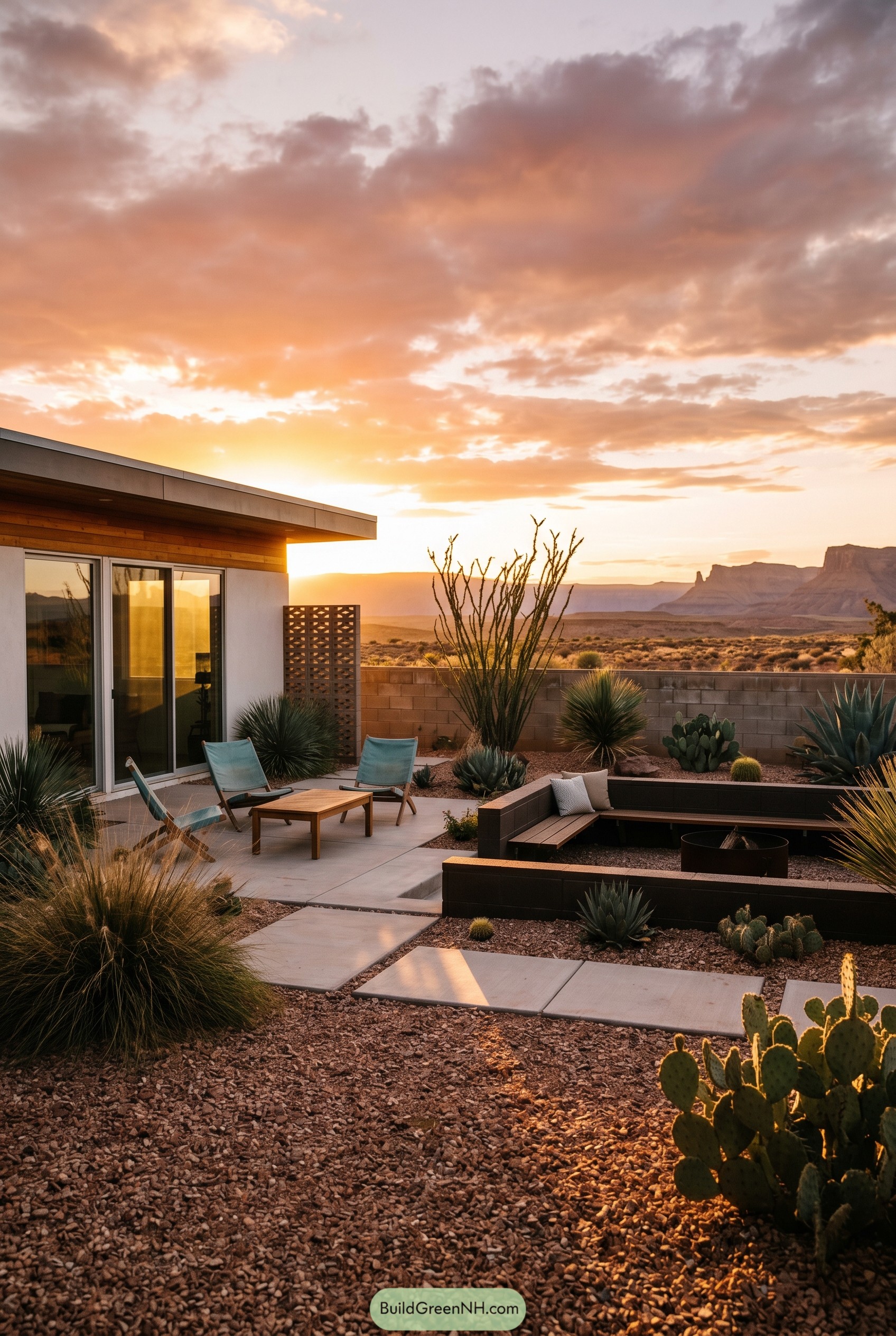 Desert patio with sunken seating and succulents at sunset