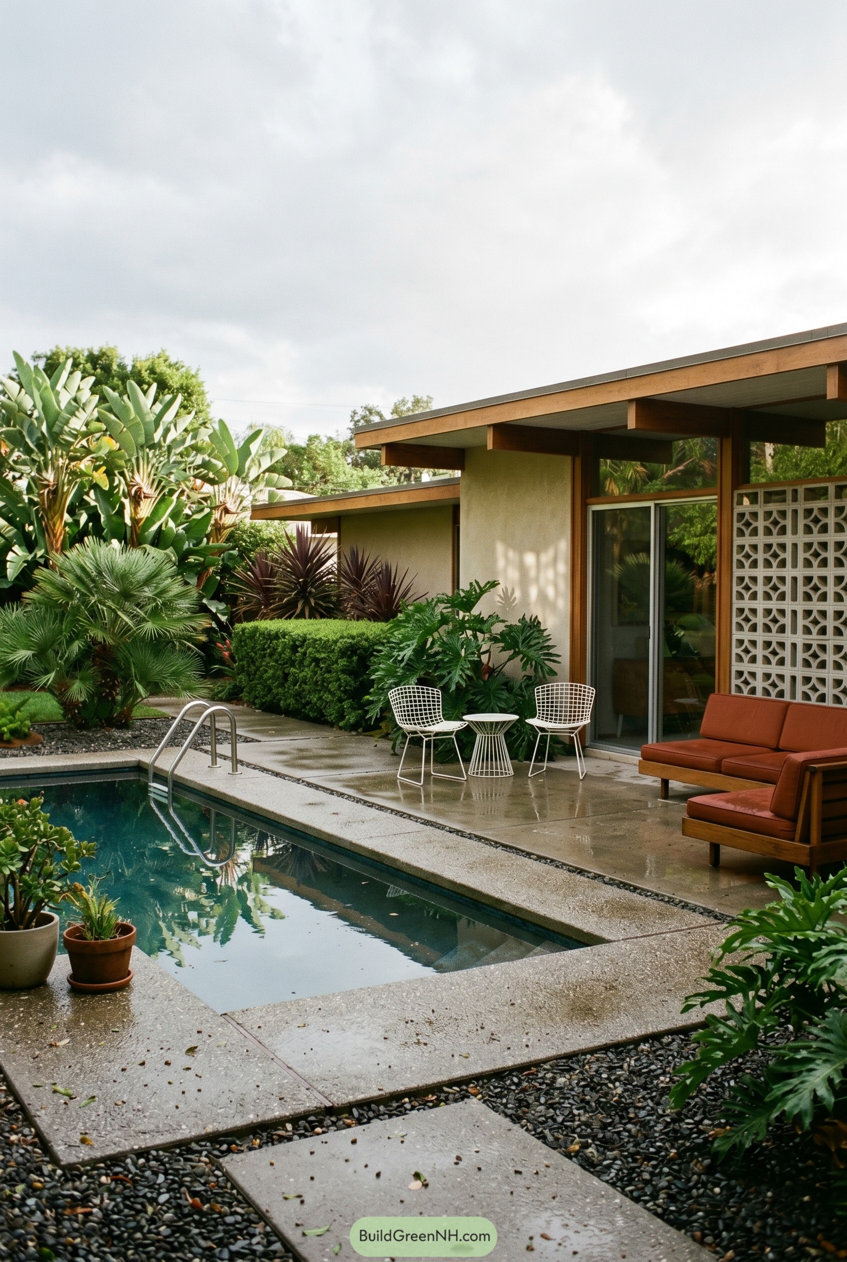 Slim pool beside mid century patio with tropical plants