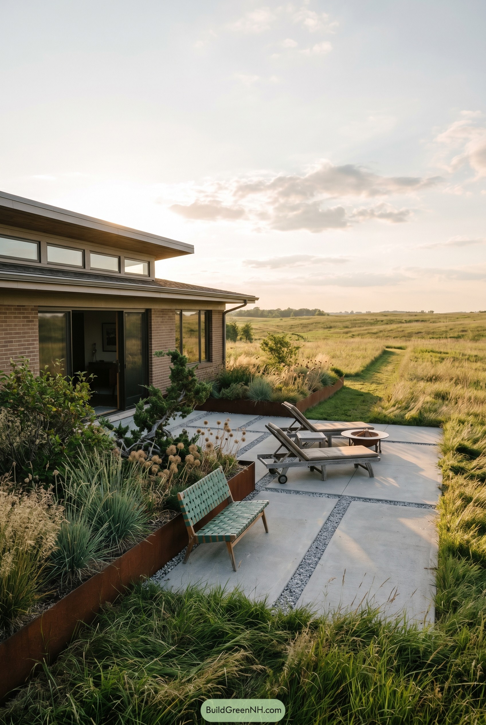 Concrete patio with meadow plantings and loungers
