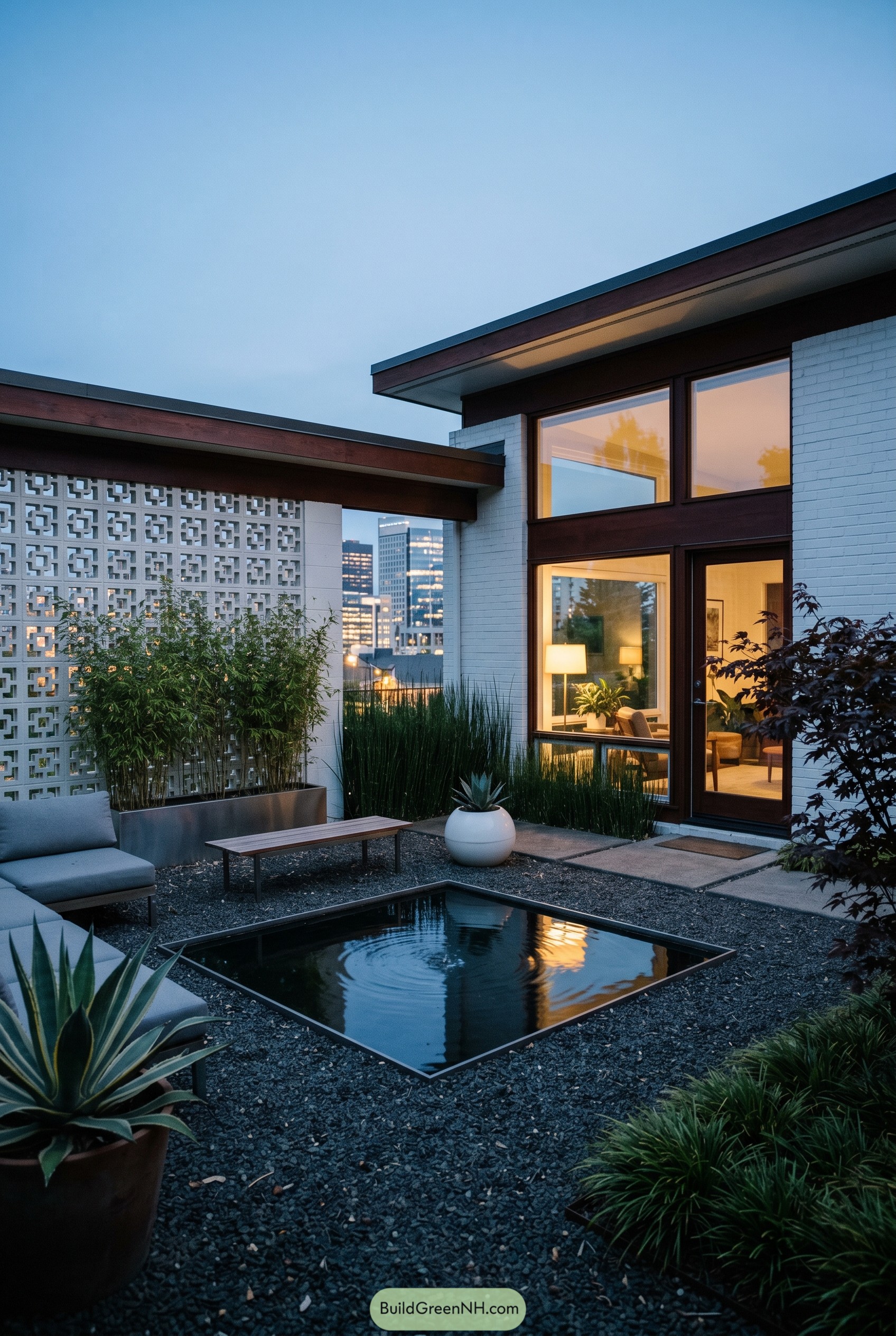 Compact courtyard with square reflecting pool