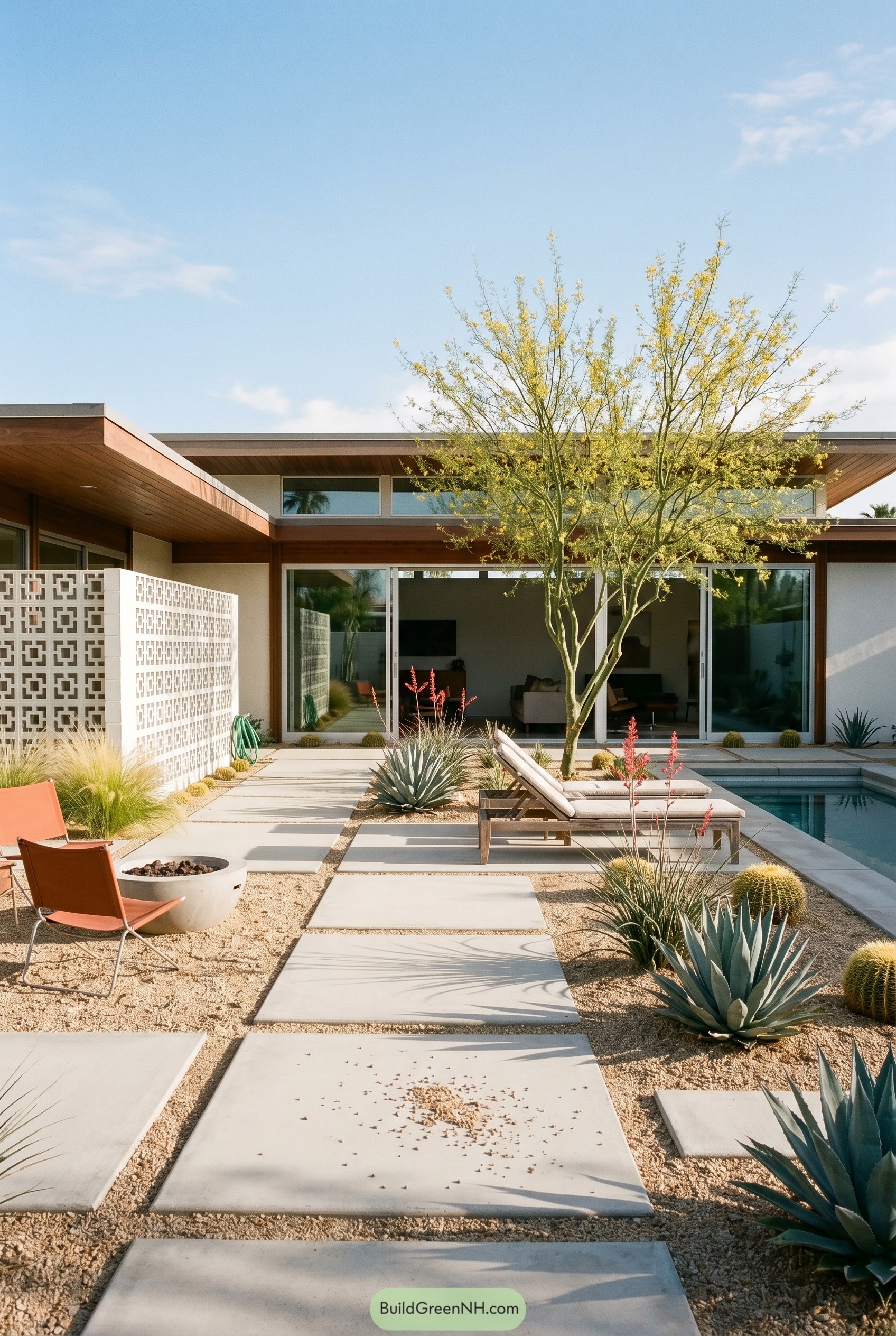 Mid century courtyard with pool pavers and agaves