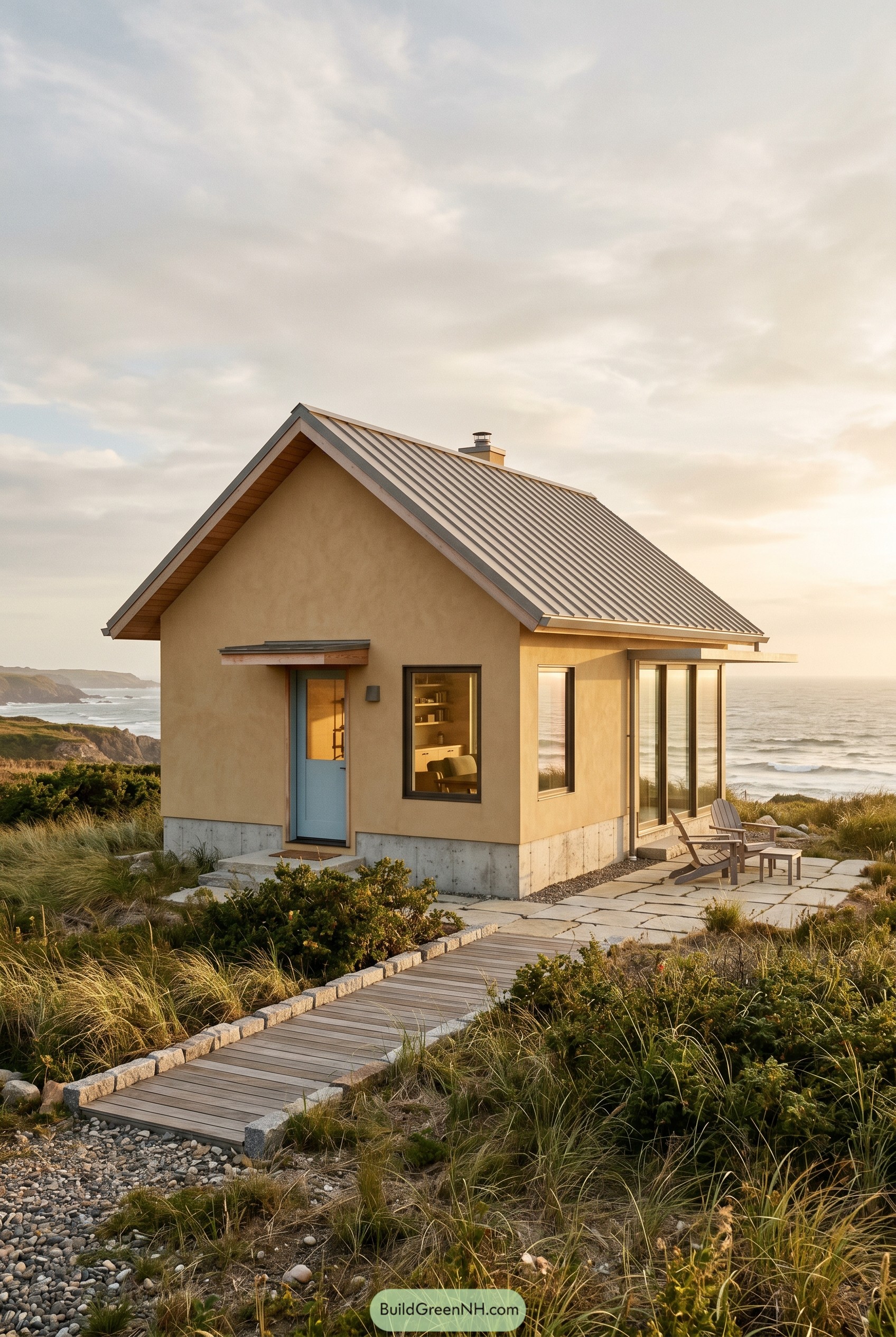 Small beige coastal cottage with glass corner sunroom
