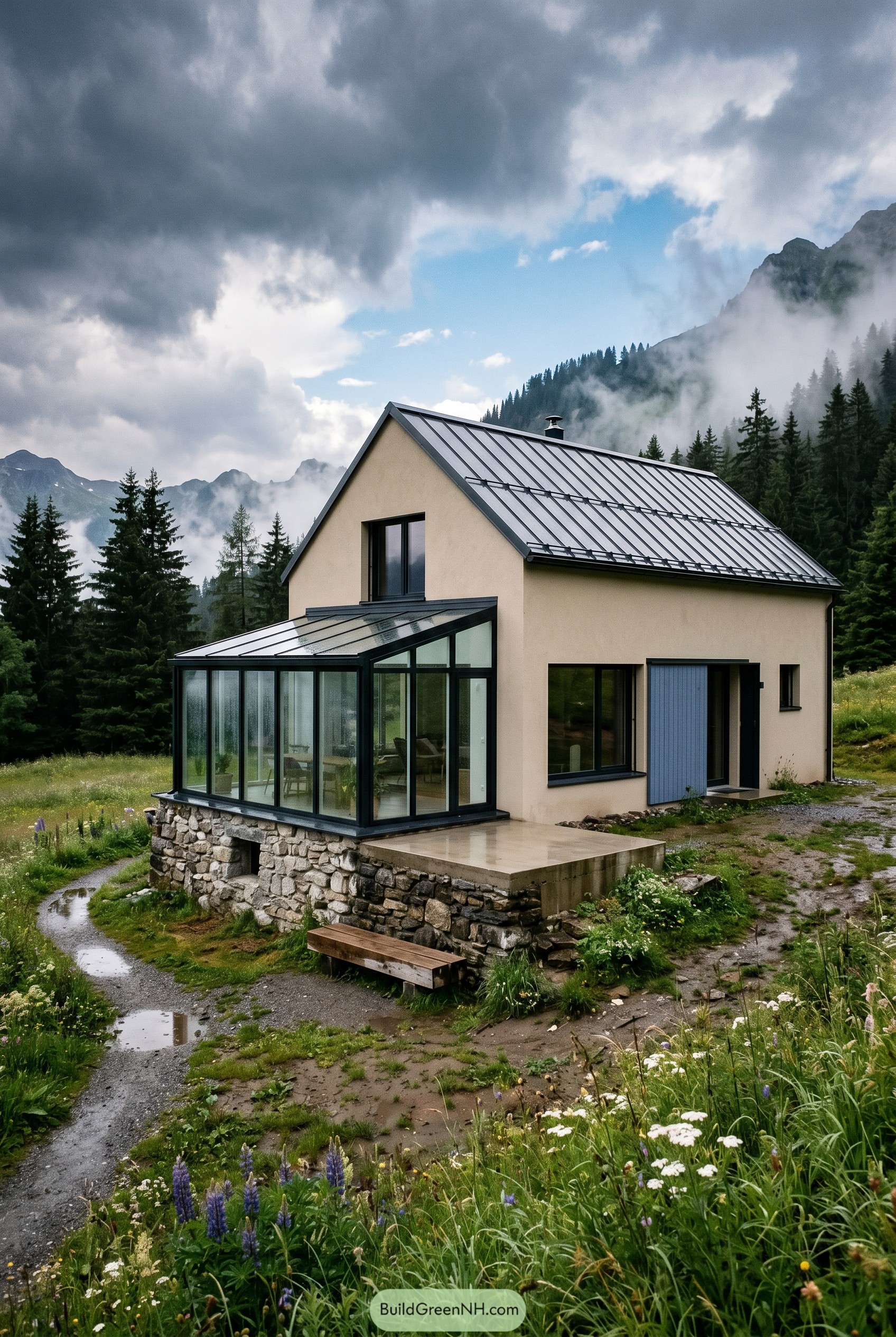 Cream alpine house with glass sunroom
