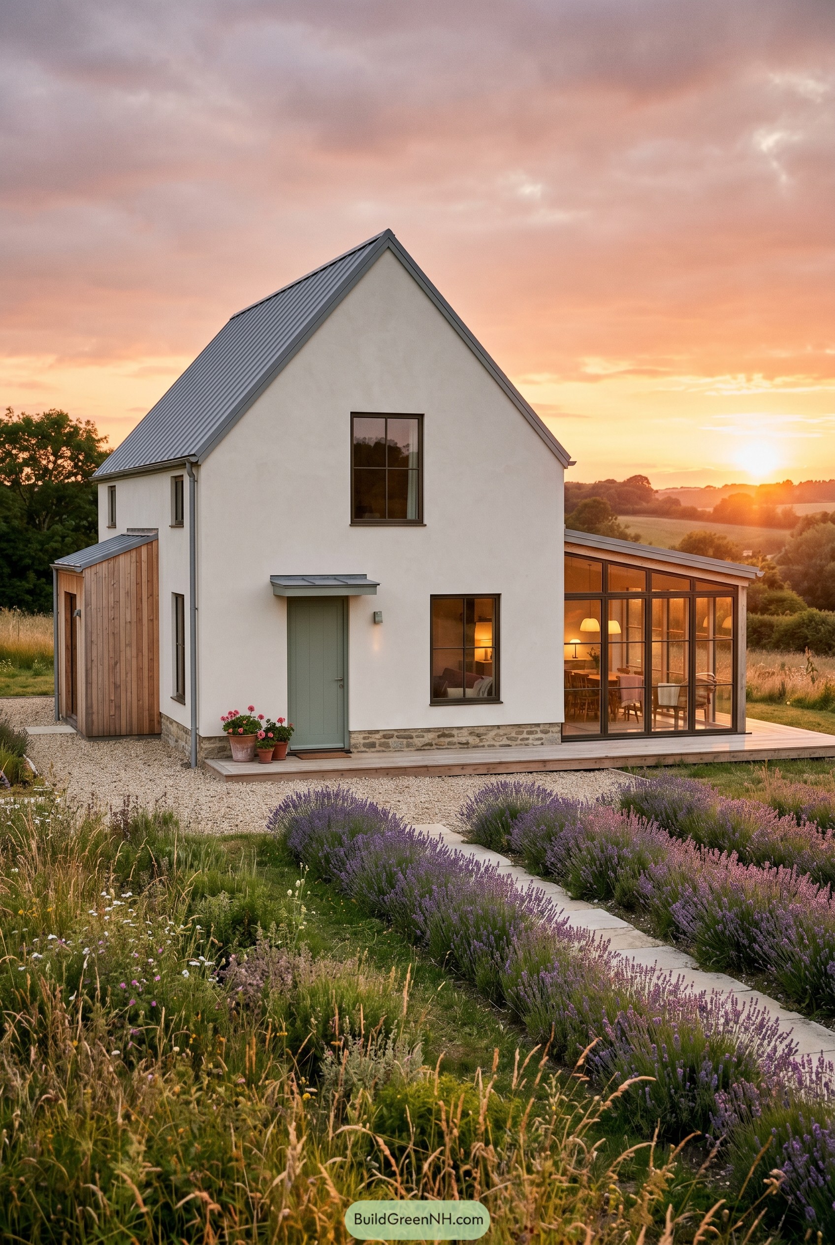 White cottage with glass sunroom and lavender garden