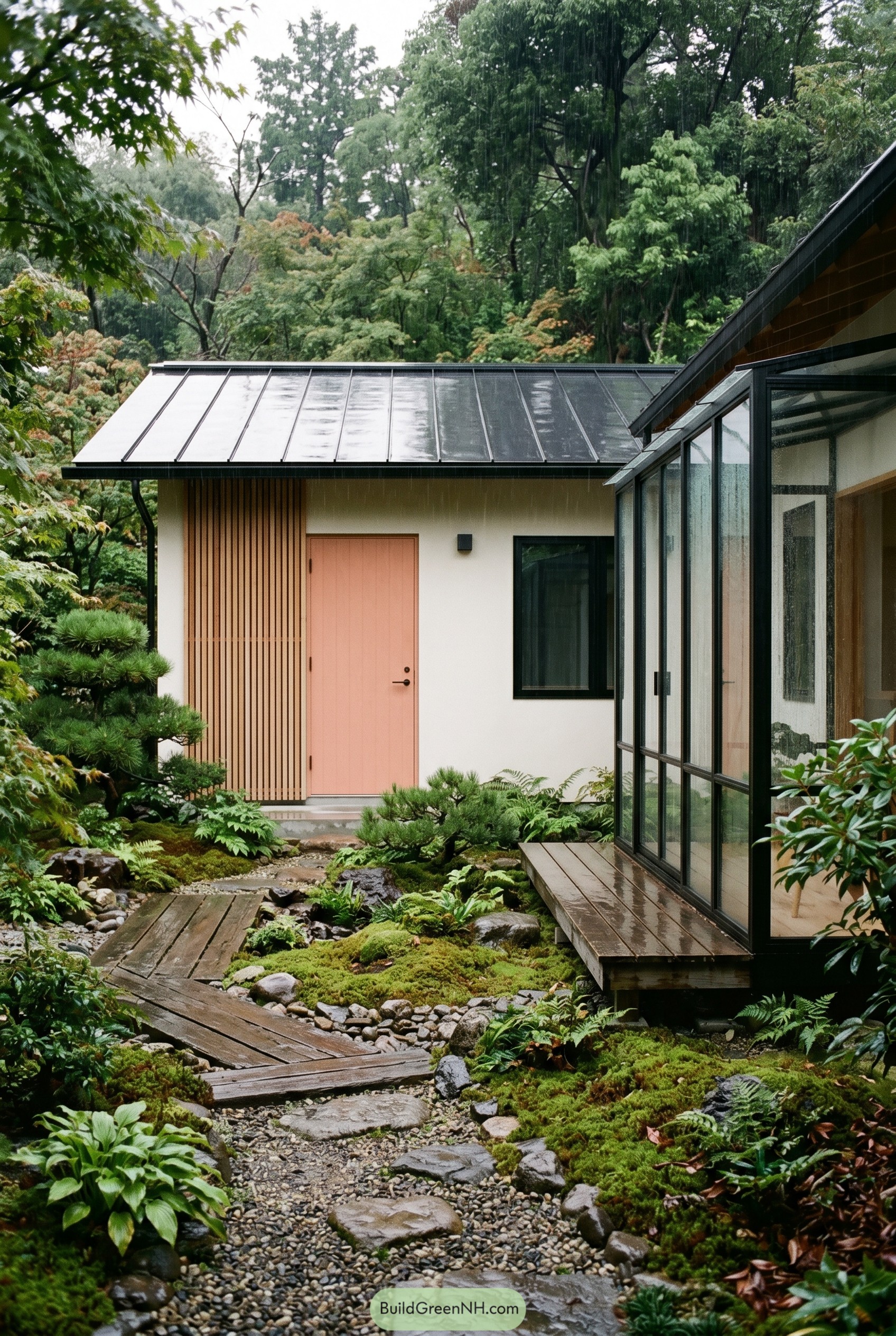 Modern white cottage with coral door and glass sunroom in a mossy rain garden