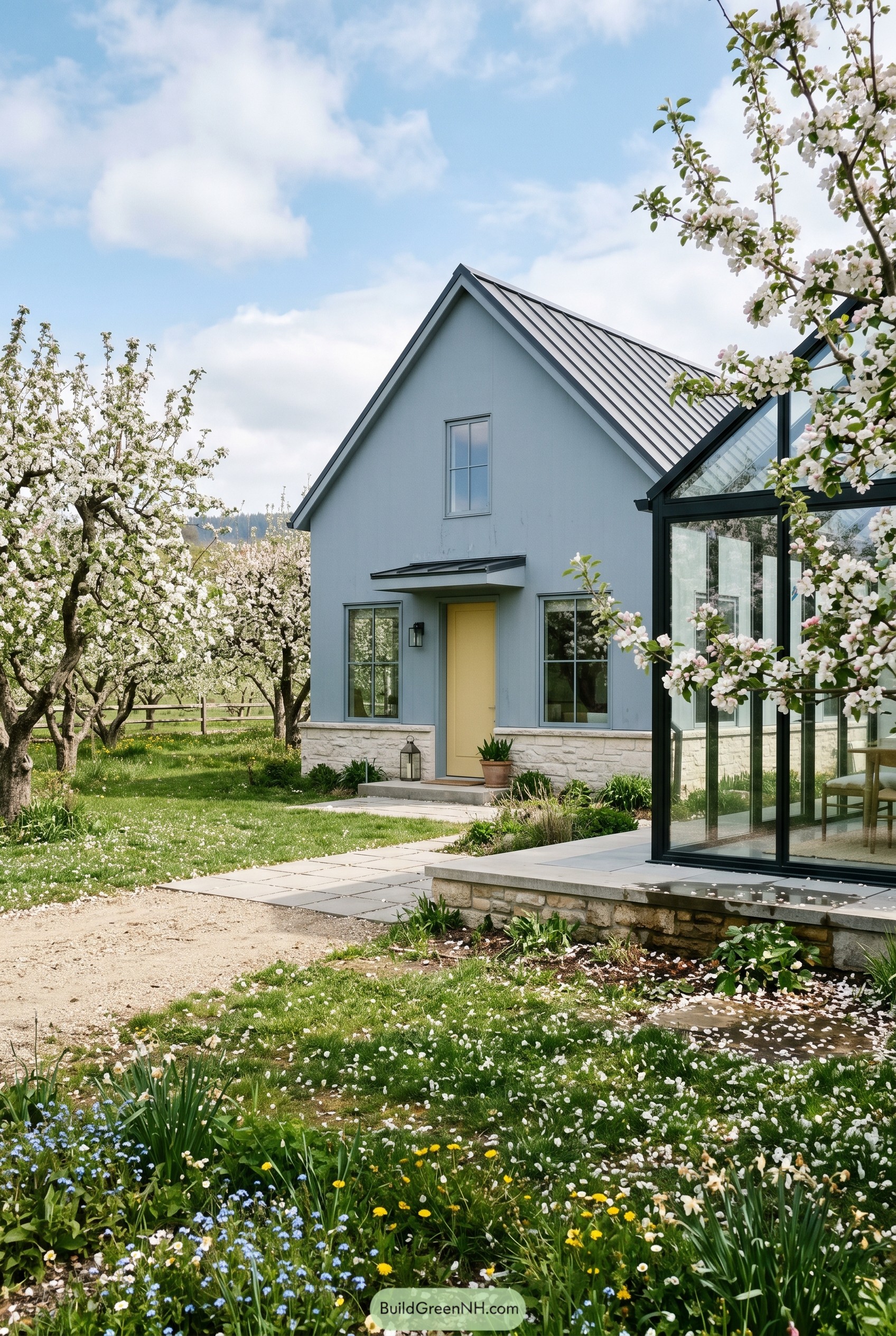 Blue gray cottage with glass sunroom in blooming orchard