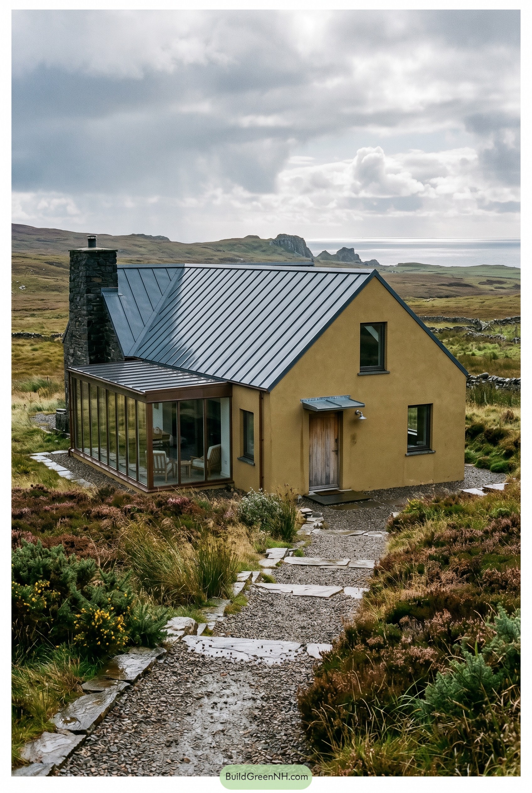 Ochre cottage with glass sunroom on coastal moor