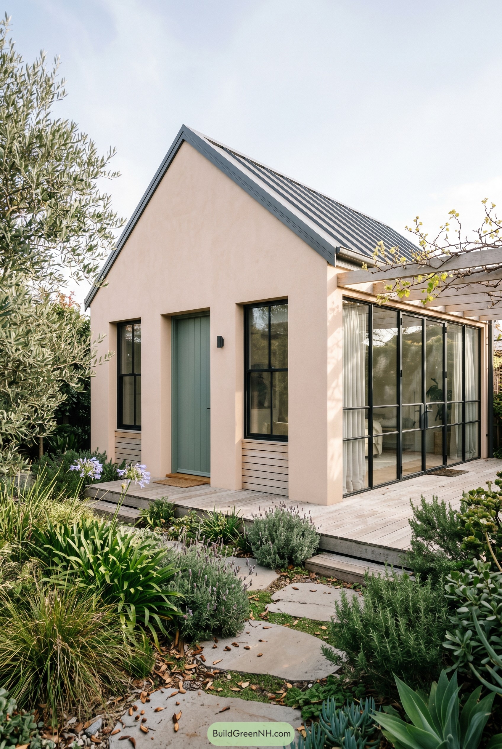 Peach cottage with glass sunroom and sage door